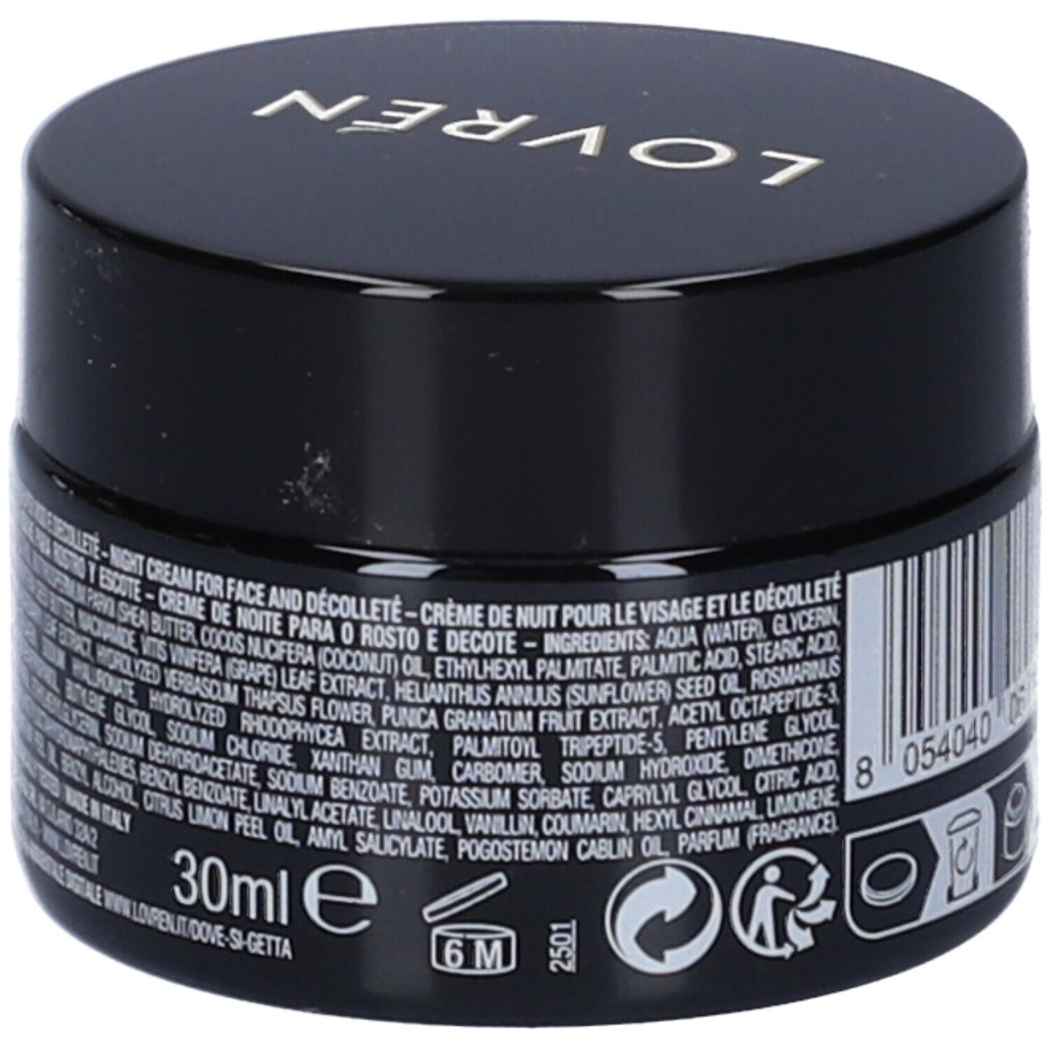 Vasetto nero con coperchio dorato. Testo con ingredienti e informazioni. Scritta: 30ml, 6M.