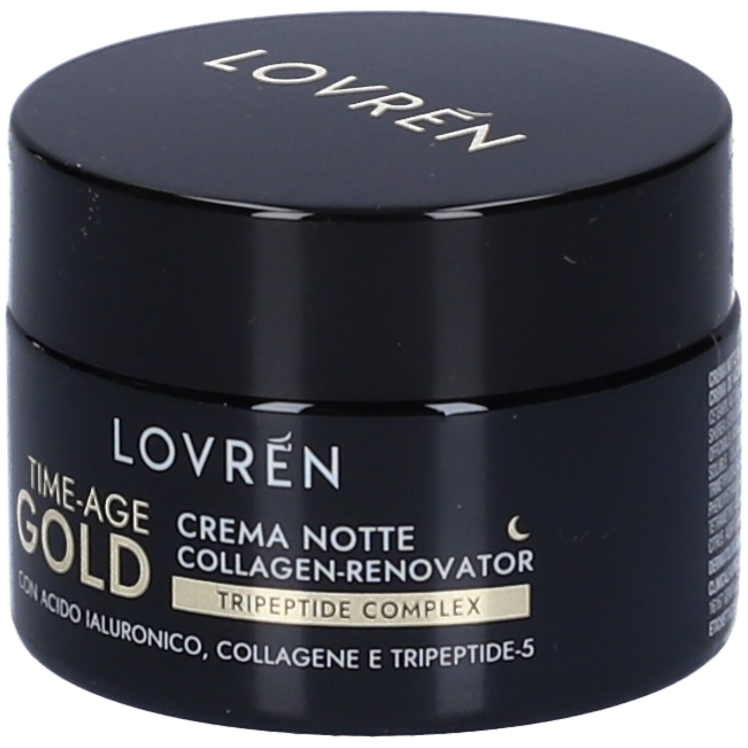 Vasetto nero con coperchio dorato. Scritta: LOVRÉN, TIME-AGE GOLD, CREMA NOTTE, COLLAGEN-RENOVATOR, TRIPEPTIDE COMPLEX.