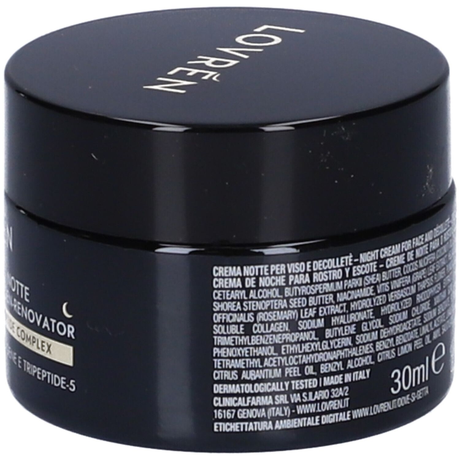 Vasetto nero con coperchio dorato. Testo con ingredienti e informazioni. Scritta: 30ml.