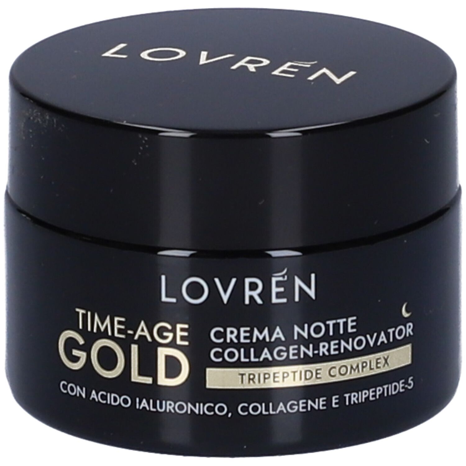 Vasetto nero con coperchio dorato. Scritta: LOVRÉN, TIME-AGE GOLD, CREMA NOTTE, COLLAGEN-RENOVATOR, TRIPEPTIDE COMPLEX.