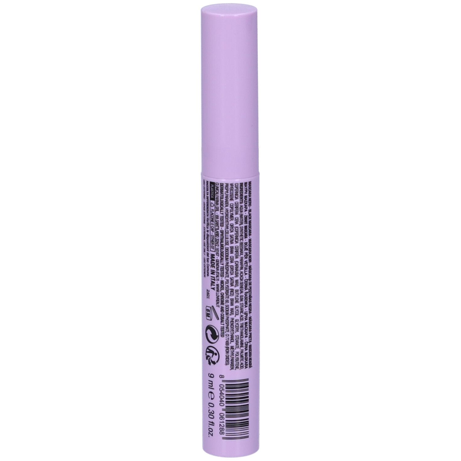 Tubo di mascara lilla chiaro. Retro con testo e codice a barre. Volume: 9 ml.