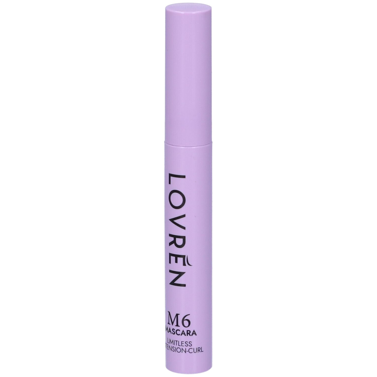 Tubo di mascara lilla chiaro. Scritta: LOVRÉN, M6 MASCARA, LIMITLESS EXTENSION CURL.