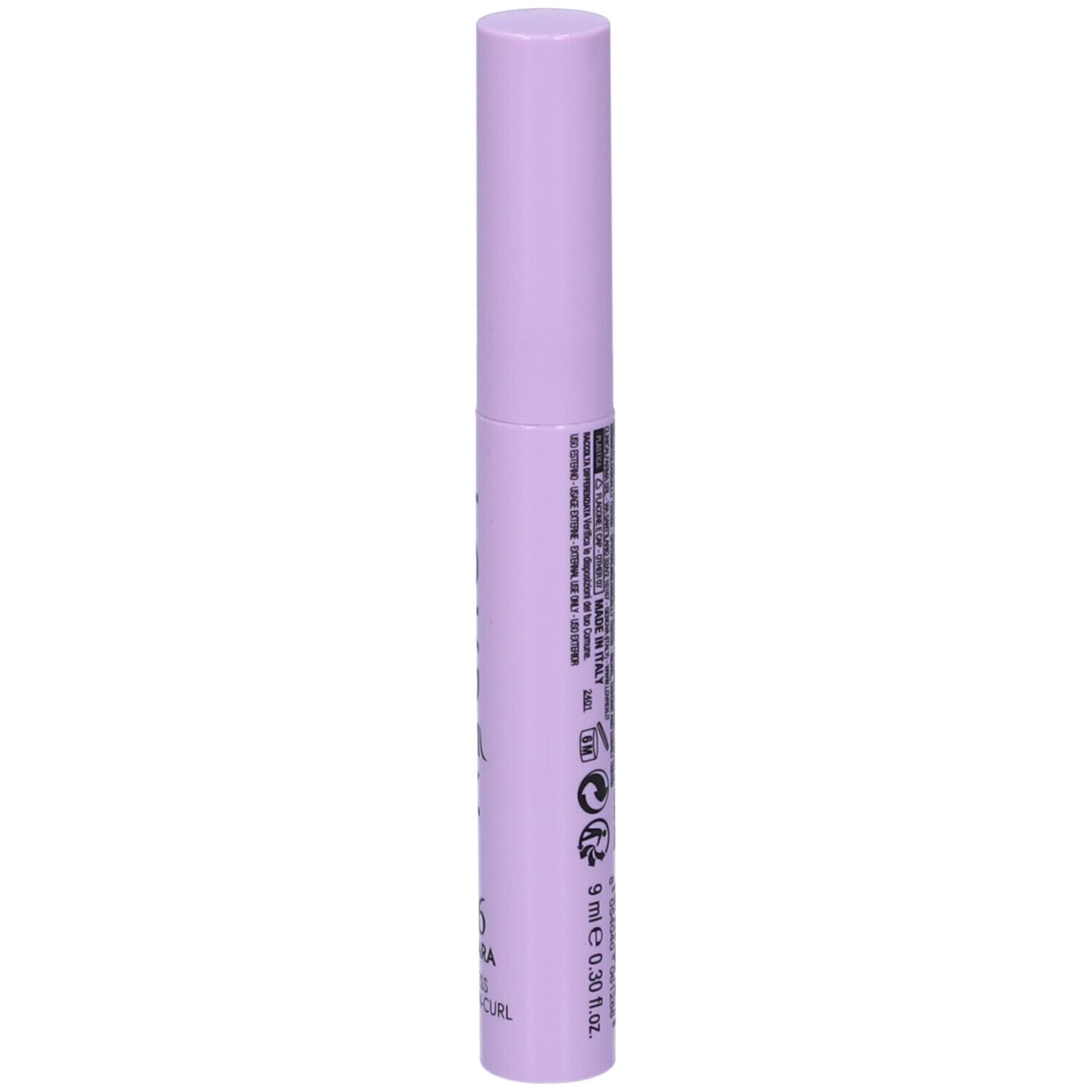 Tubo di mascara lilla chiaro. Retro con testo e codice a barre. Volume: 9 ml.