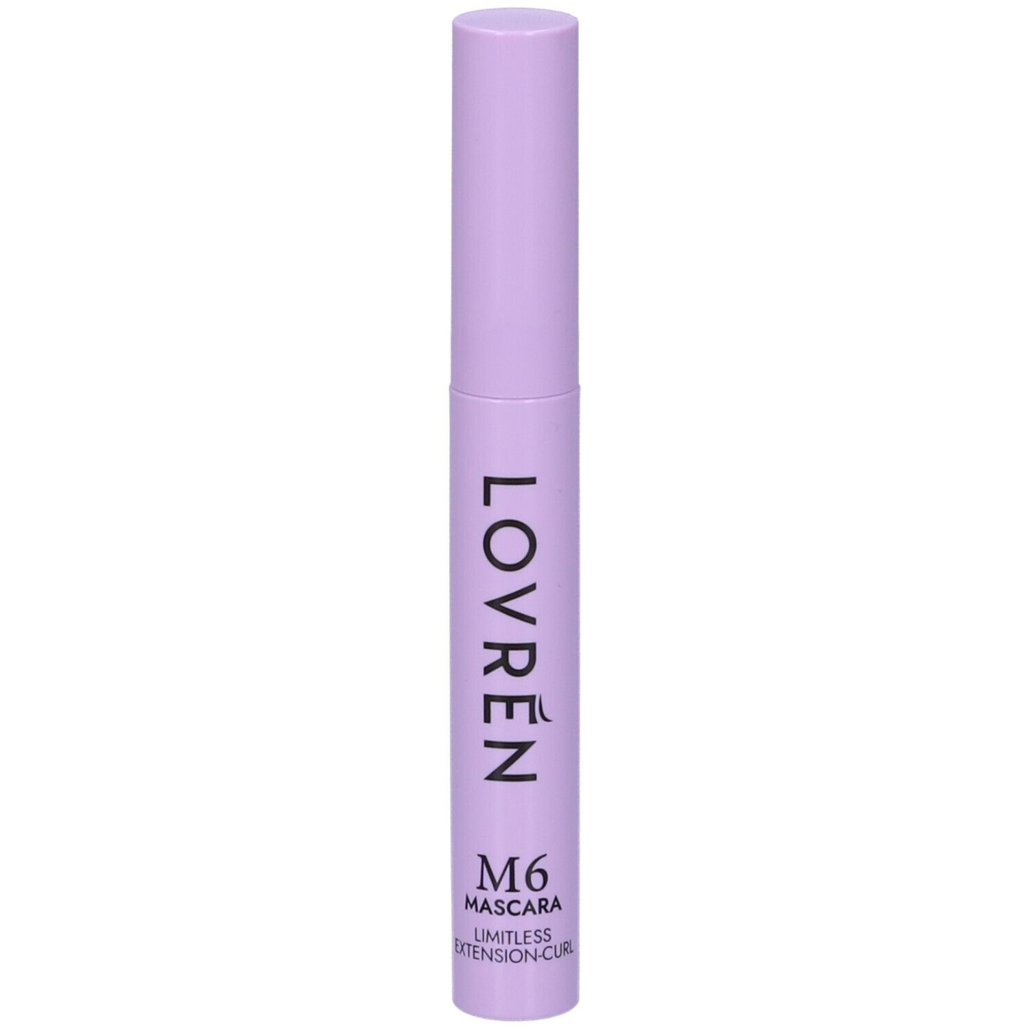 Tubo di mascara lilla chiaro. Scritta: LOVRÉN, M6 MASCARA, LIMITLESS EXTENSION CURL.