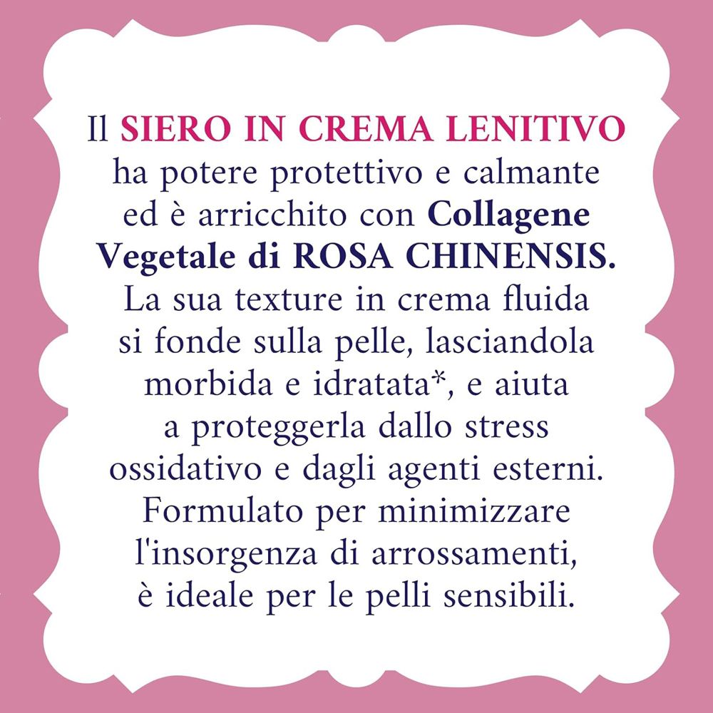 Testo su sfondo rosa. Descrive le proprietà del siero. Testo in italiano.