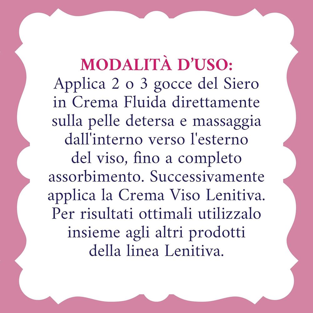 Modalità d'uso. Testo su sfondo rosa. Descrive l'uso del siero. Testo in italiano.