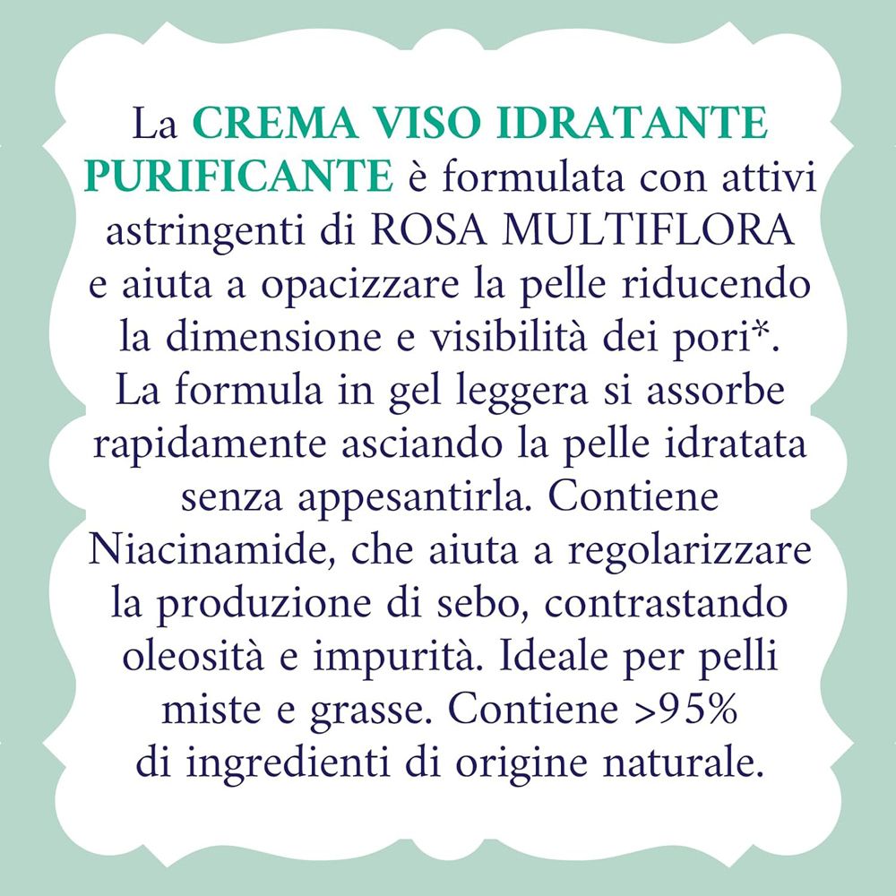 Testo sulla confezione di Acqua alle Rose. Descrizione della crema e dei suoi ingredienti.