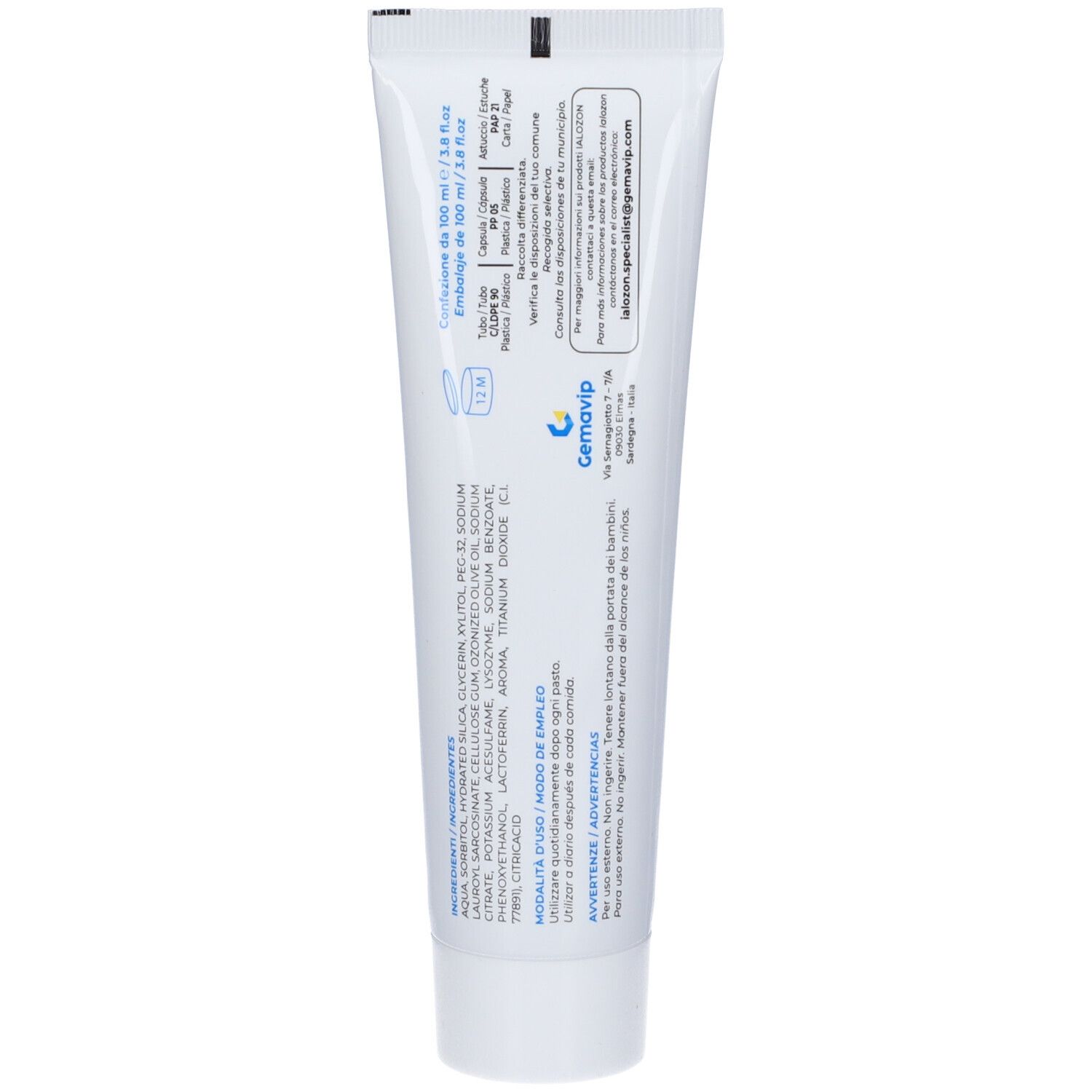 Retro del tubetto di dentifricio Ialozon Blu. Contiene ingredienti e istruzioni per l'uso. Logo Gemavip.