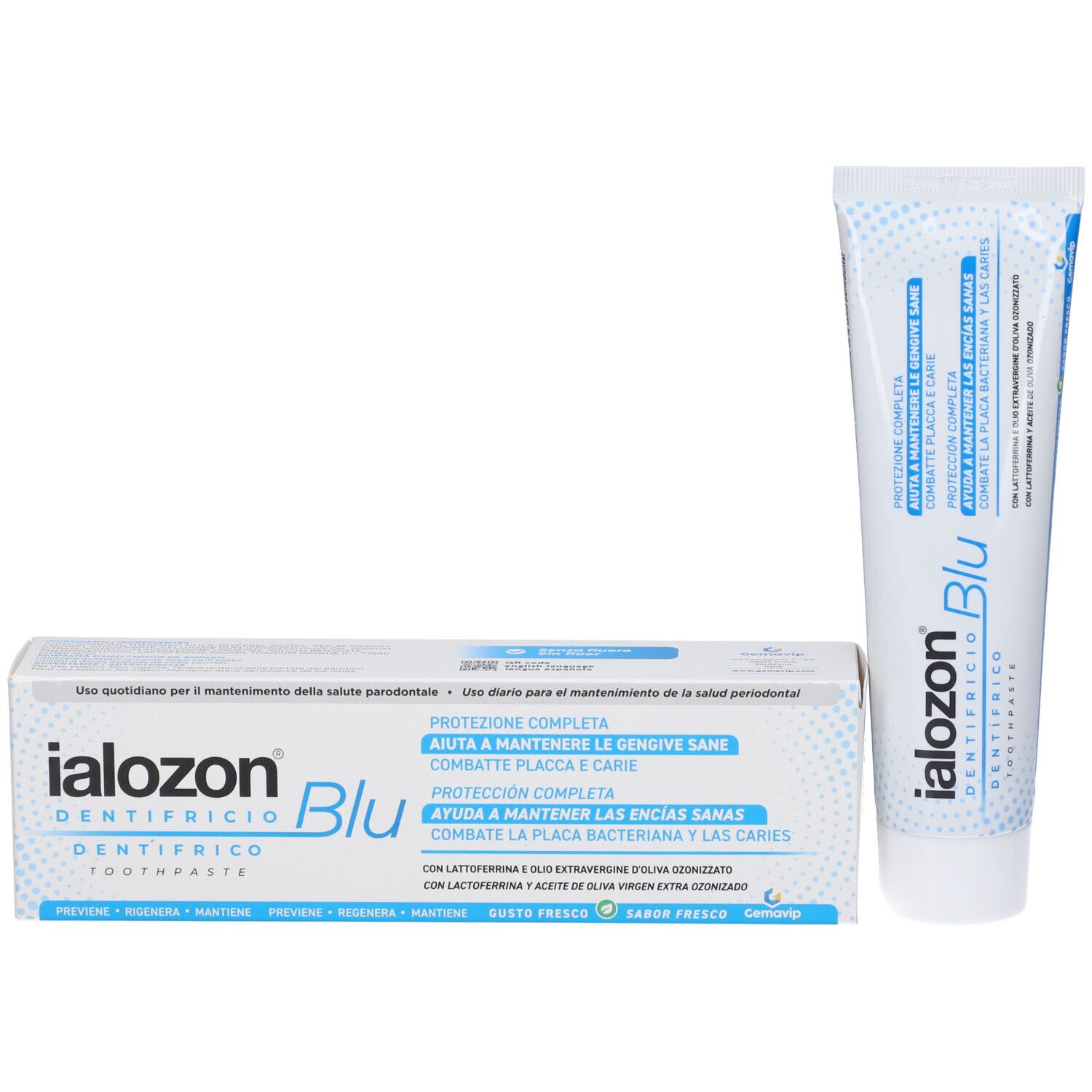 Dentifricio Ialozon Blu e scatola. Scatola e tubetto con design blu. Testo: Ialozon, Blu, Dentifricio, Toothpaste. Per gengive sane.