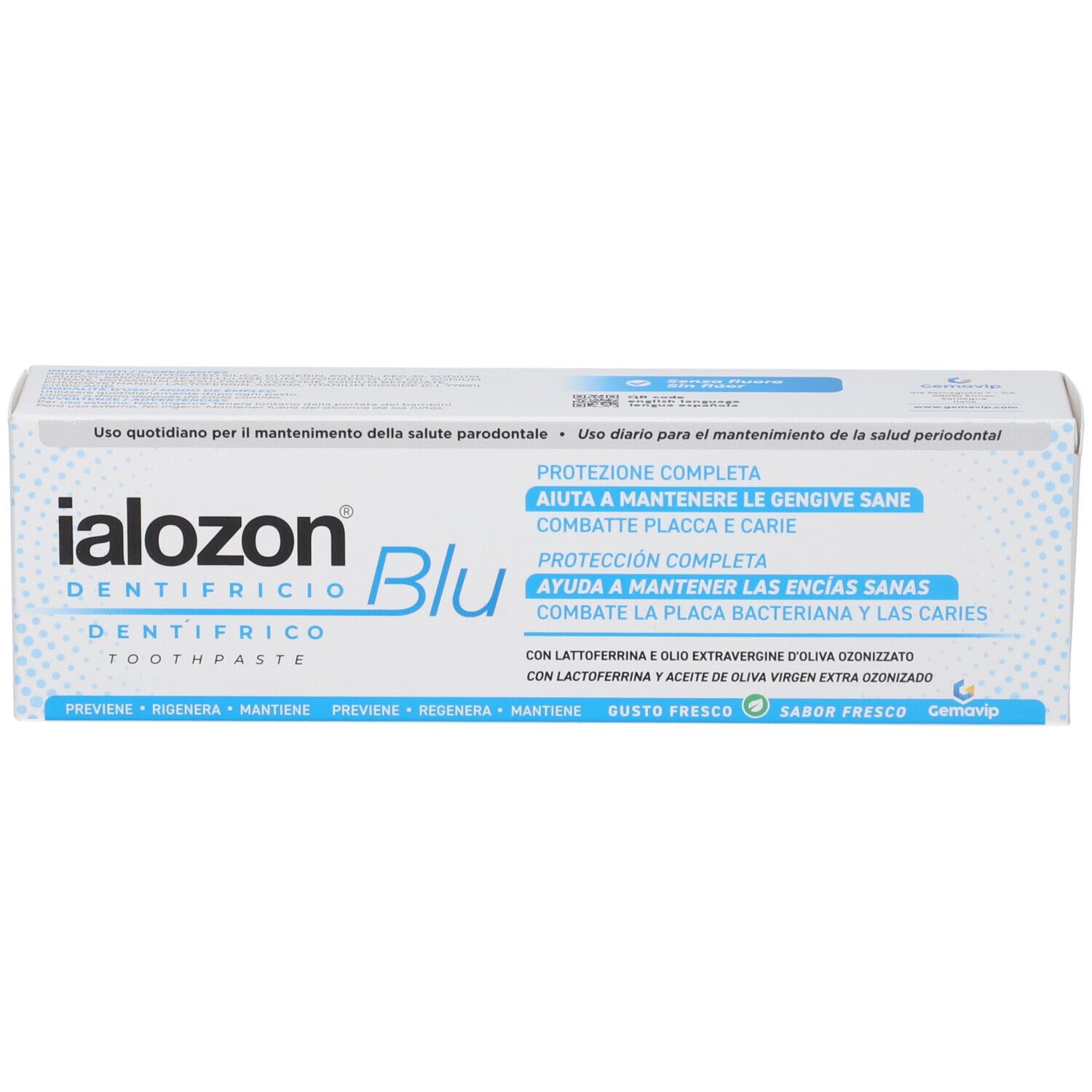Scatola di dentifricio Ialozon Blu. Bianca con design blu. Testo: Ialozon, Blu, Dentifricio, Toothpaste. Per gengive sane.
