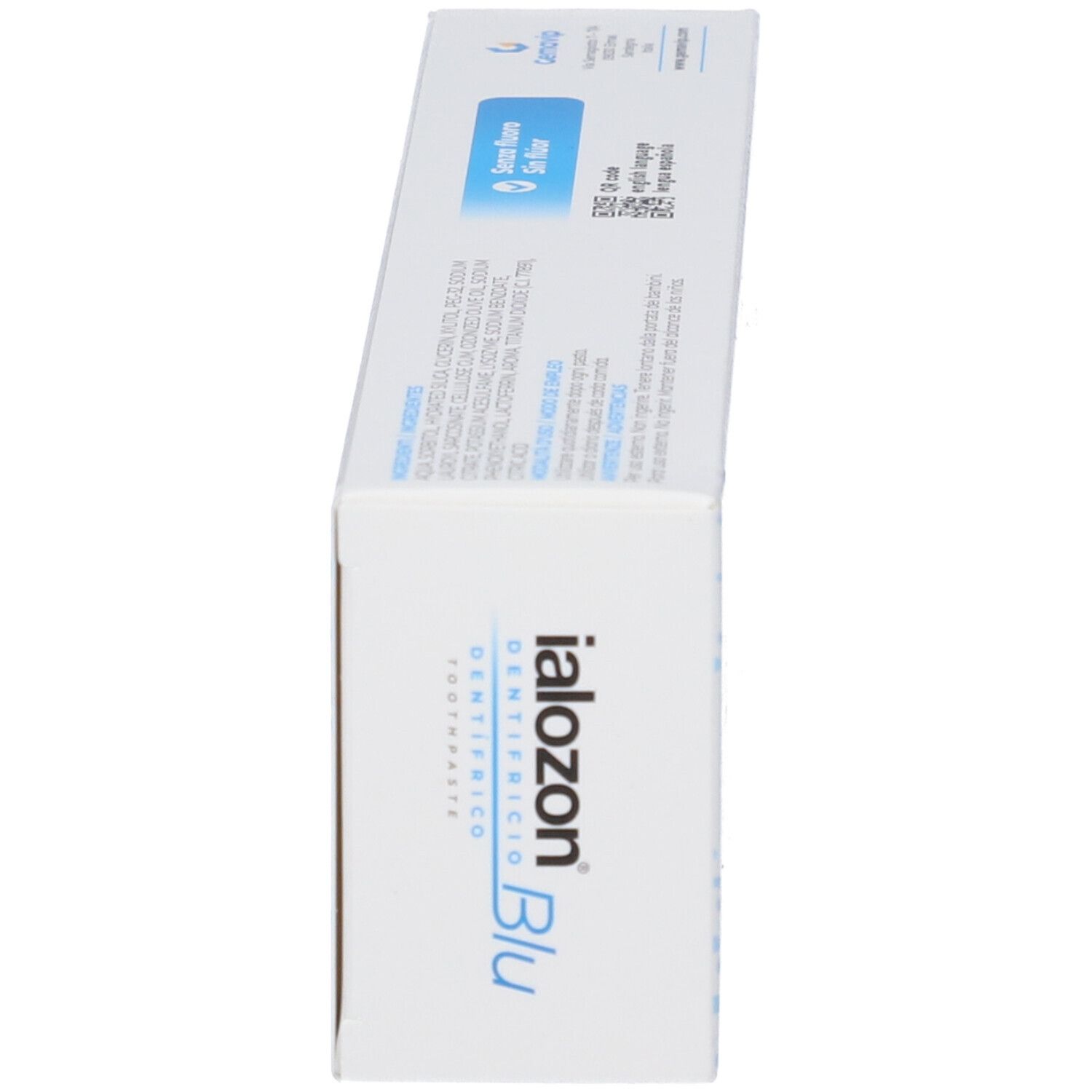 Vista laterale della scatola di dentifricio Ialozon Blu. Bianco con design blu. Testo: Ialozon, Blu, Dentifricio, Toothpaste.