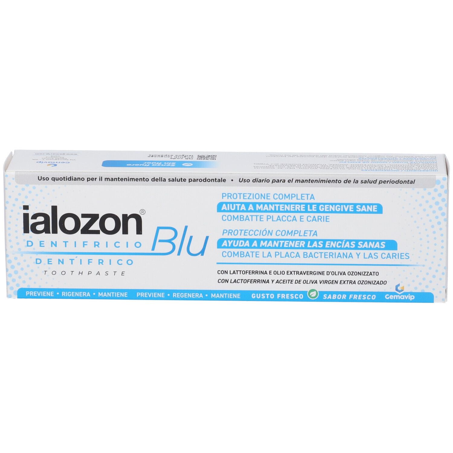 Scatola di dentifricio Ialozon Blu. Bianca con design blu. Testo: Ialozon, Blu, Dentifricio, Toothpaste. Per gengive sane.
