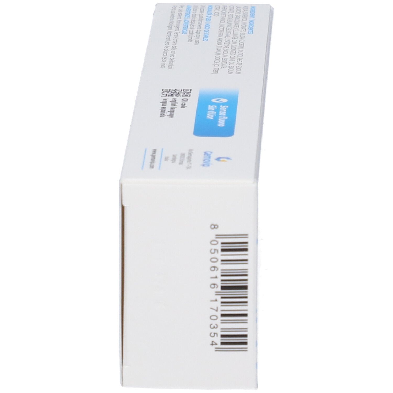 Vista laterale della scatola di dentifricio Ialozon Blu. Contiene codice a barre e informazioni.