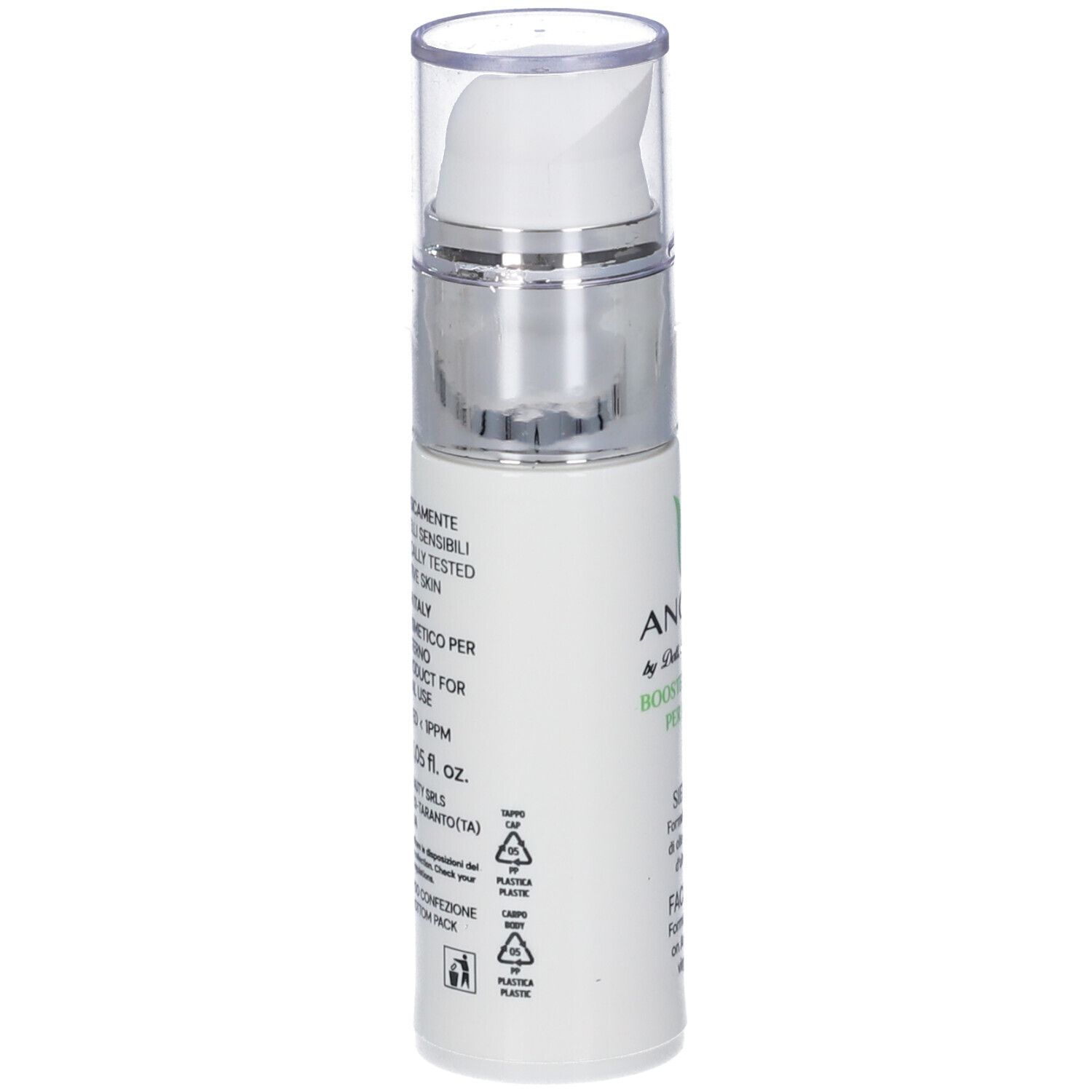 Flacone airless con dispenser bianco e tappo trasparente. Flacone bianco con etichetta in italiano.