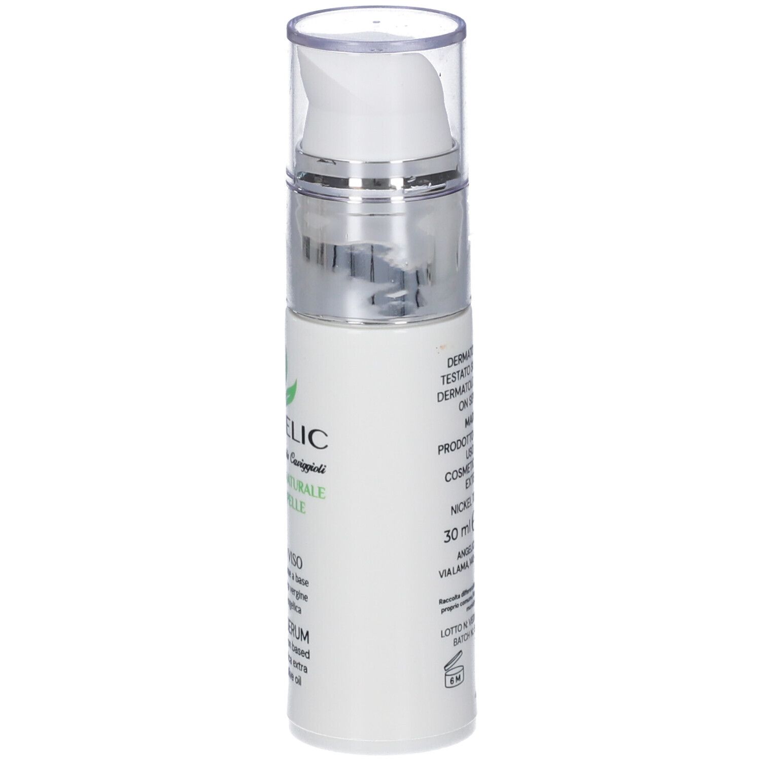 Flacone bianco con pompa, dettagli argentati e tappo trasparente. Contenuto 30 ml.