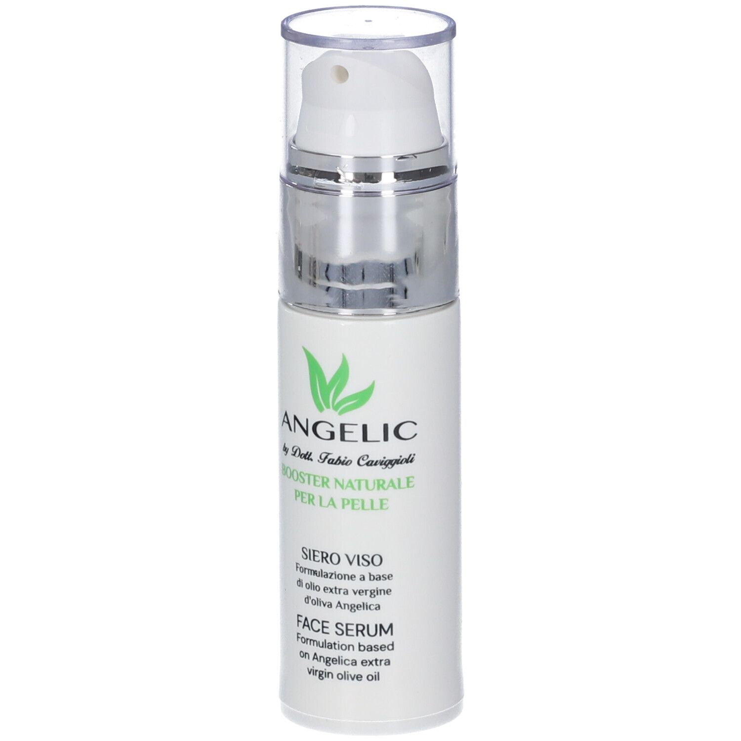 Siero viso in flacone con pompa e tappo trasparente. "ANGELIC" e "FACE SERUM" sull'etichetta.