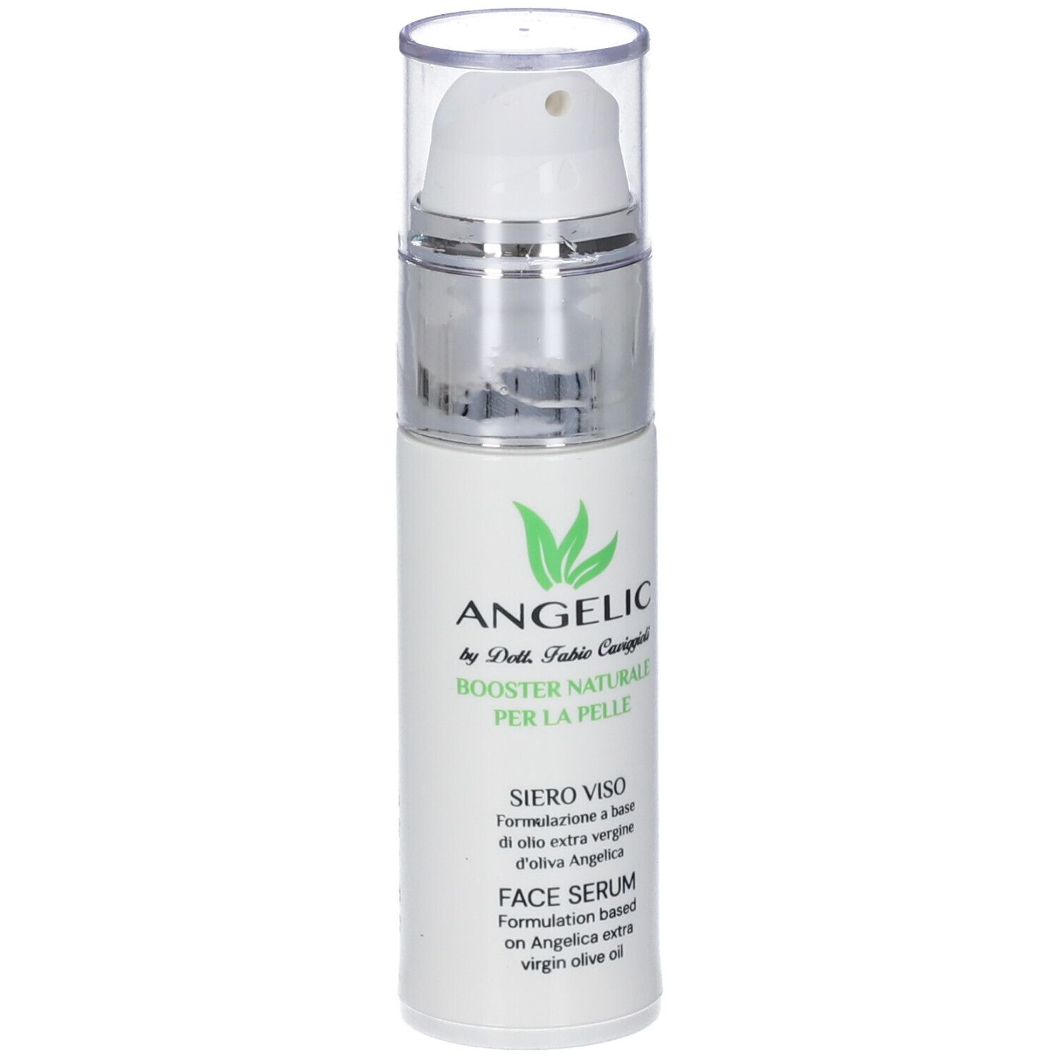 Siero viso in flacone con pompa e tappo trasparente. "ANGELIC" e "FACE SERUM" sull'etichetta.