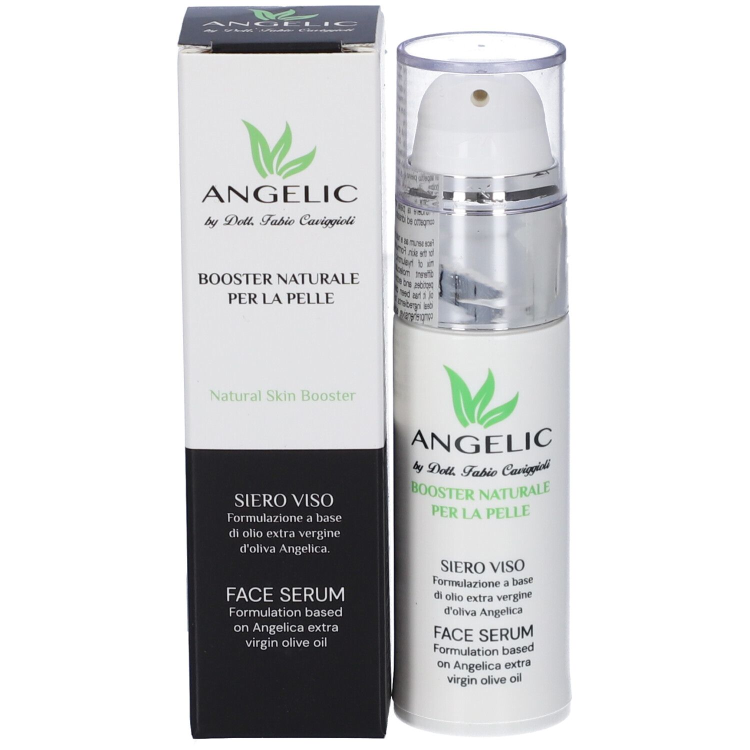 Flacone con pompa e scatola Angelic Natural Skin Booster Face Serum.