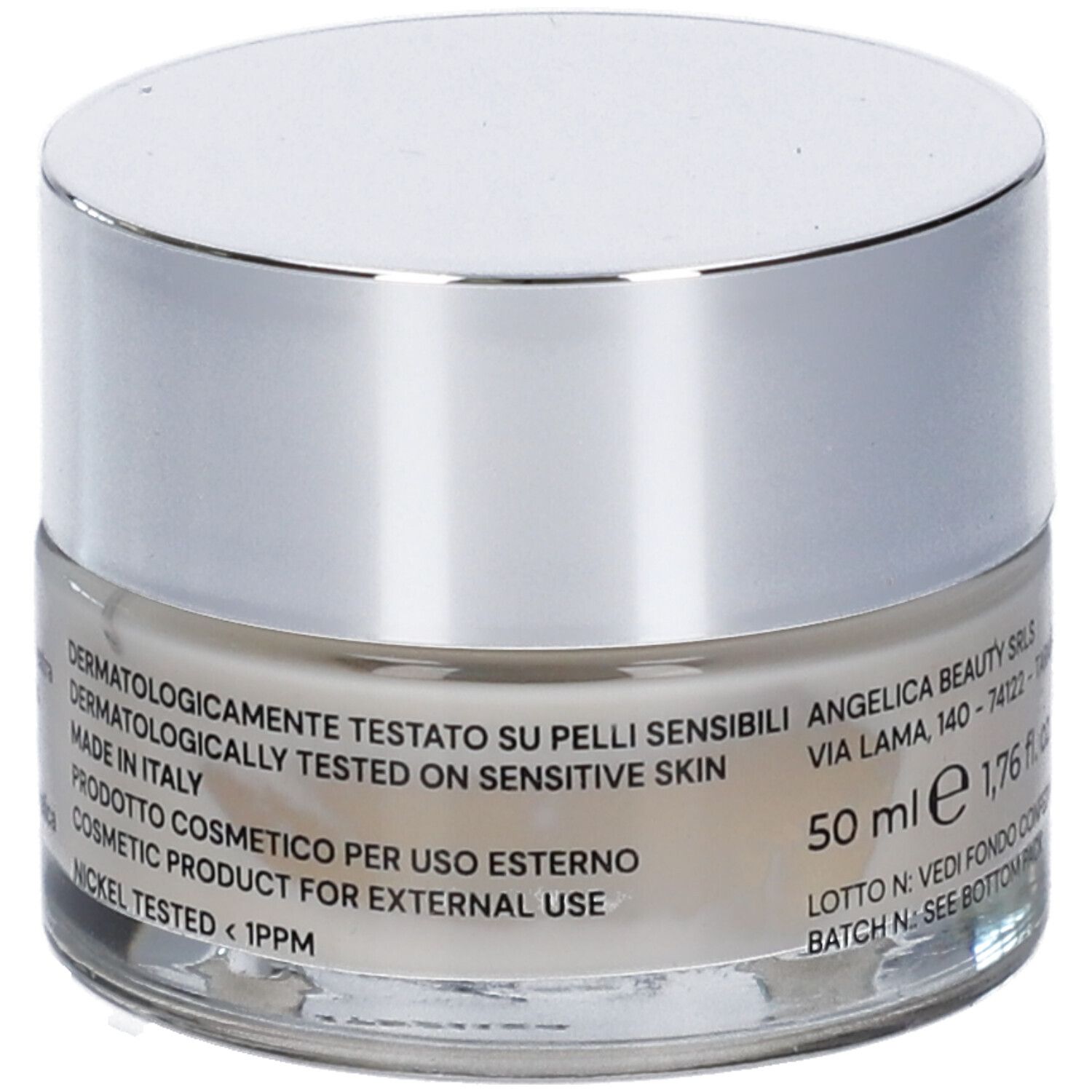 Vasetto di crema con coperchio argentato. Scritta in italiano e inglese, '50 ml'.