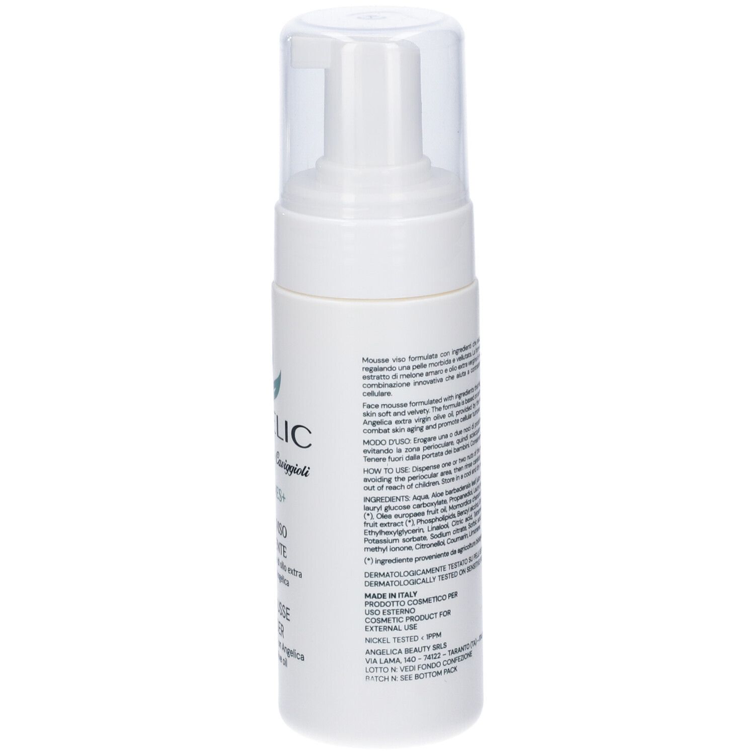 Flacone bianco con erogatore a pompa per mousse detergente viso.