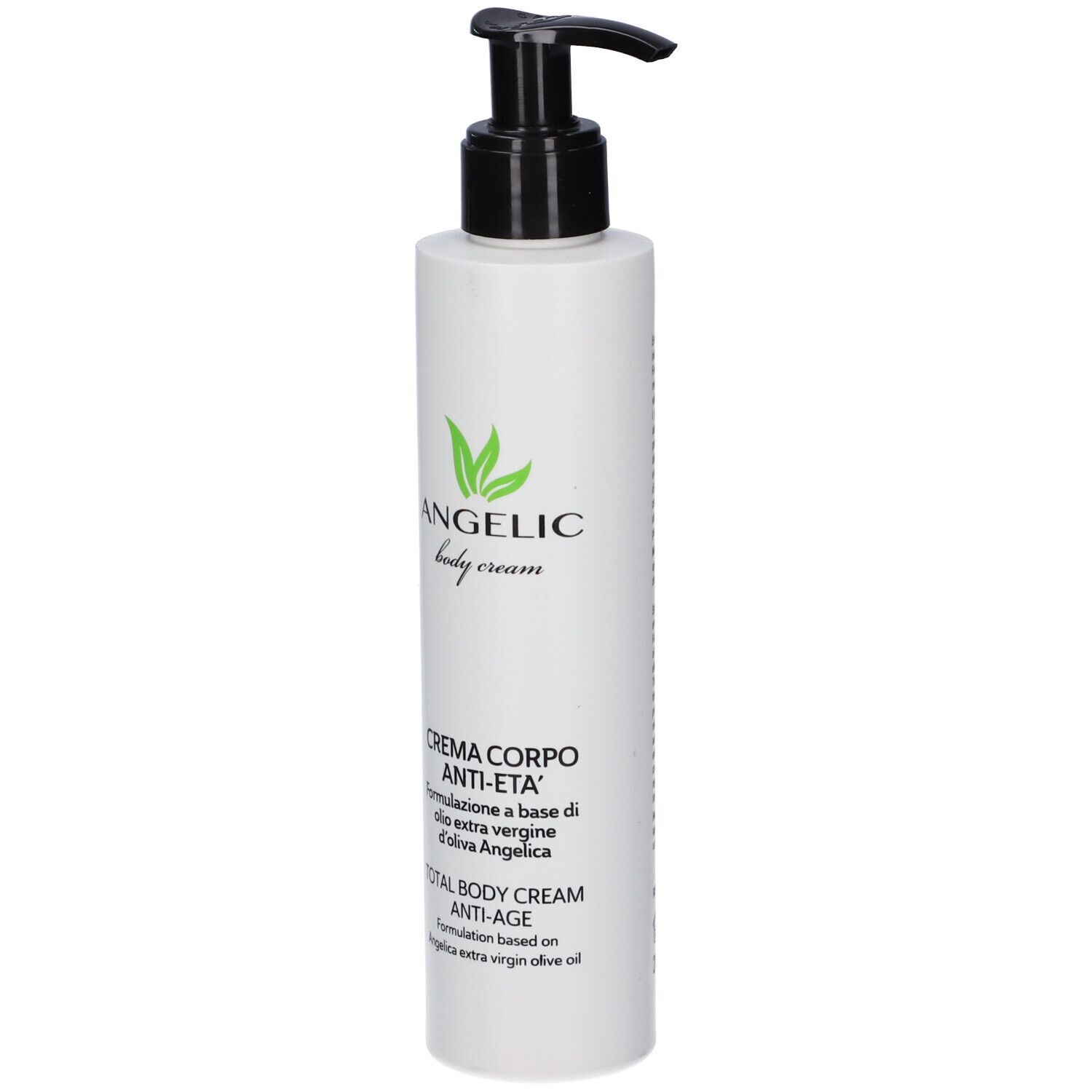 Flacone bianco con pompa nera per Angelic Body Cream.