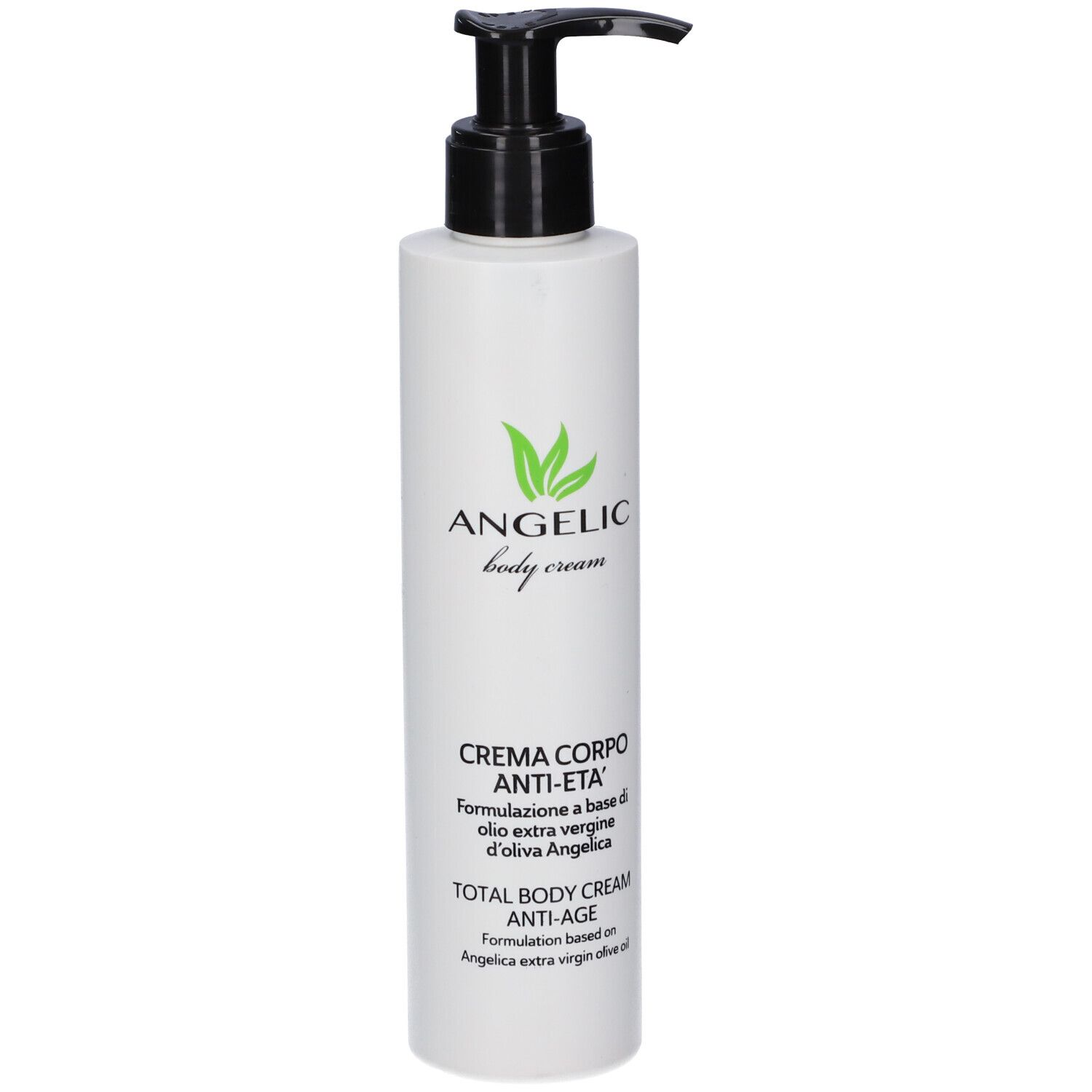 Crema corpo in flacone con pompa bianco. "ANGELIC body cream" e "TOTAL BODY CREAM ANTI-AGE" sull'etichetta.