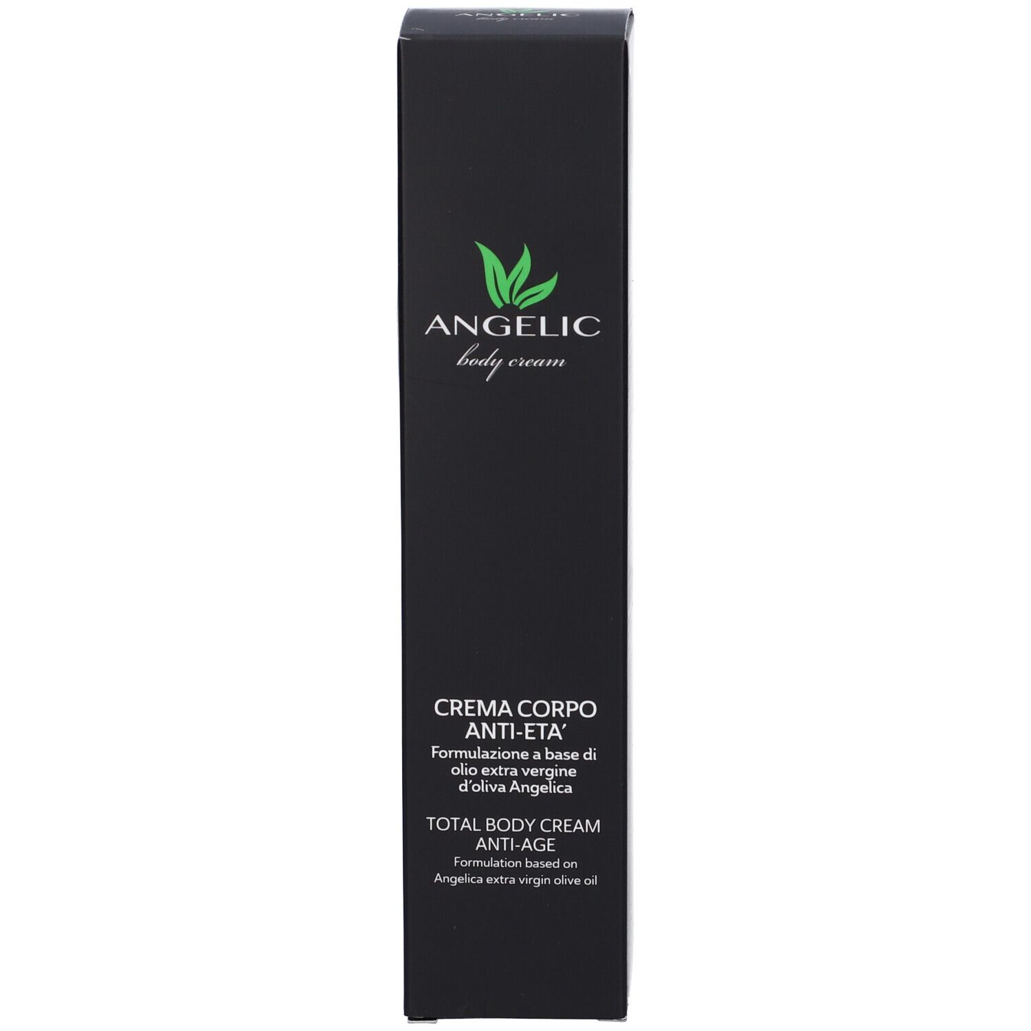 Confezione nera con scritta 'angelic body cream' e logo foglia.