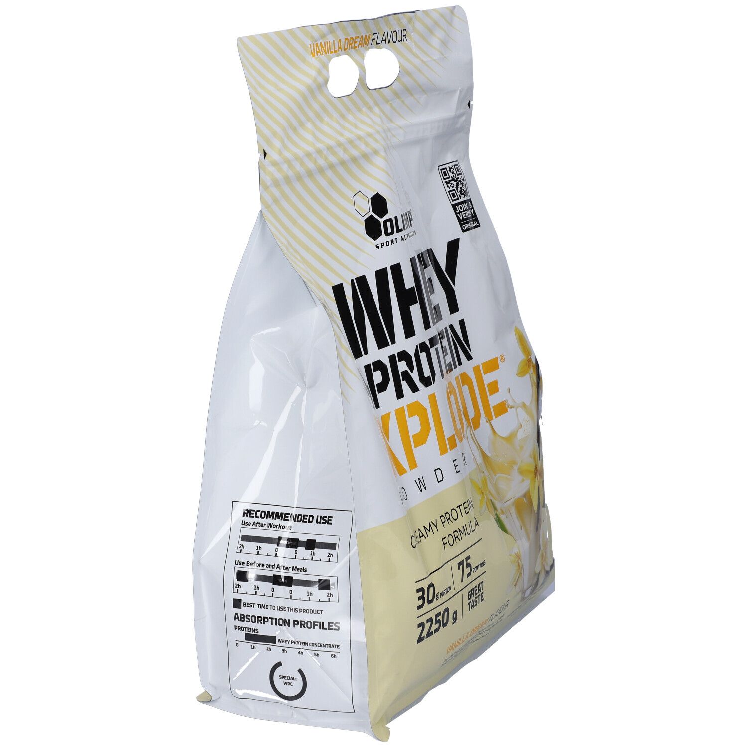 Olimp Whey Protein Xplode in polvere, gusto vaniglia, busta da 2250g, vista laterale.