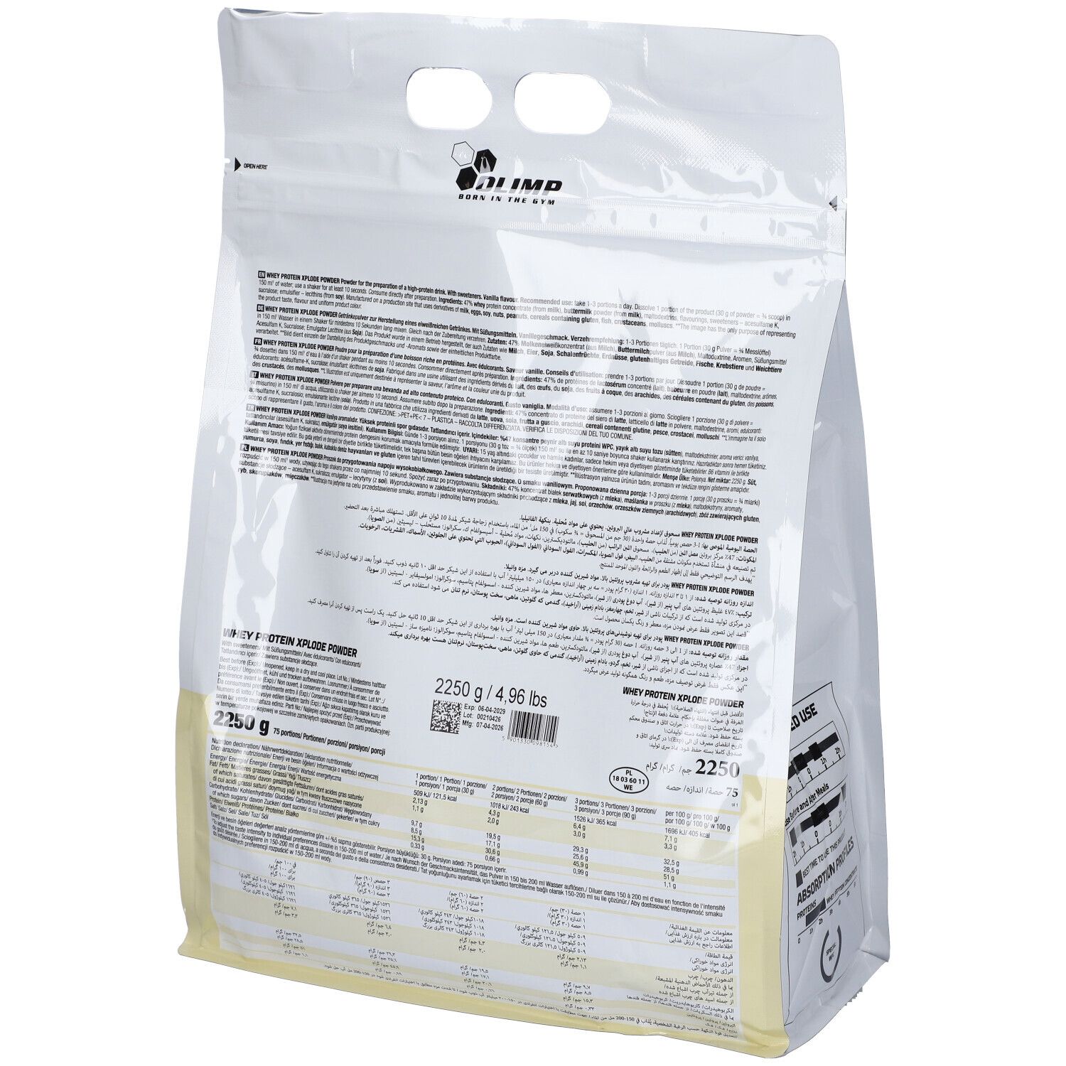 Retro della busta di Olimp Whey Protein Xplode in polvere, 2250g, gusto vaniglia.