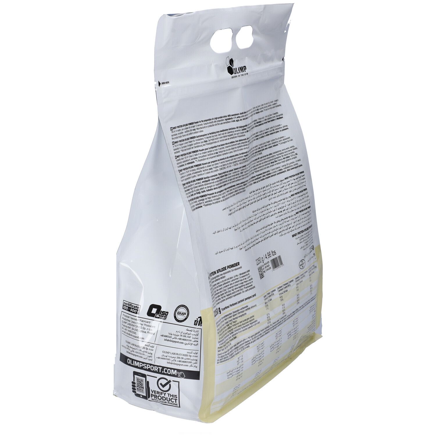 Busta di Olimp Whey Protein Xplode in polvere, 2250g, gusto vaniglia, vista posteriore.