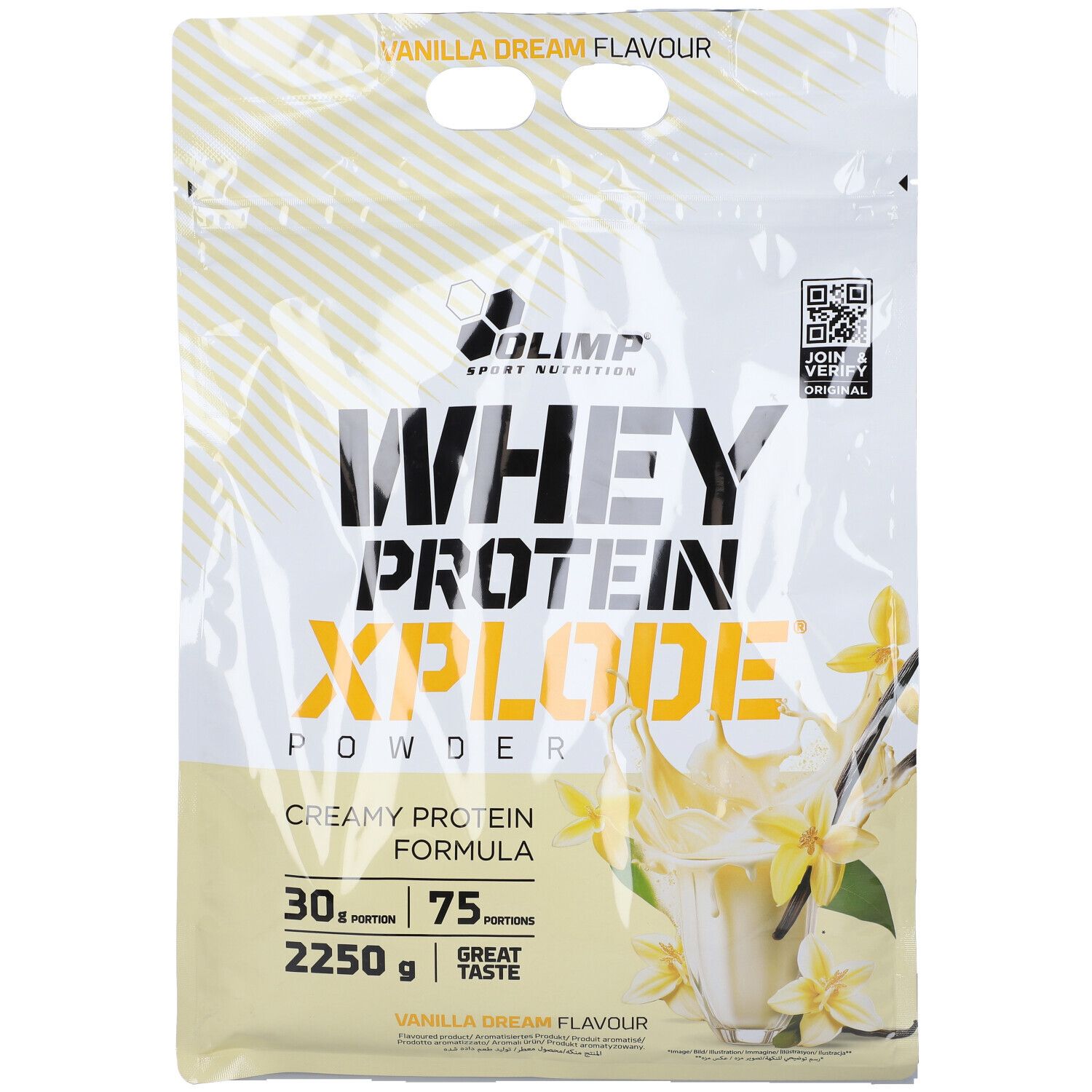 Olimp Whey Protein Xplode in polvere, gusto vaniglia, busta da 2250g.