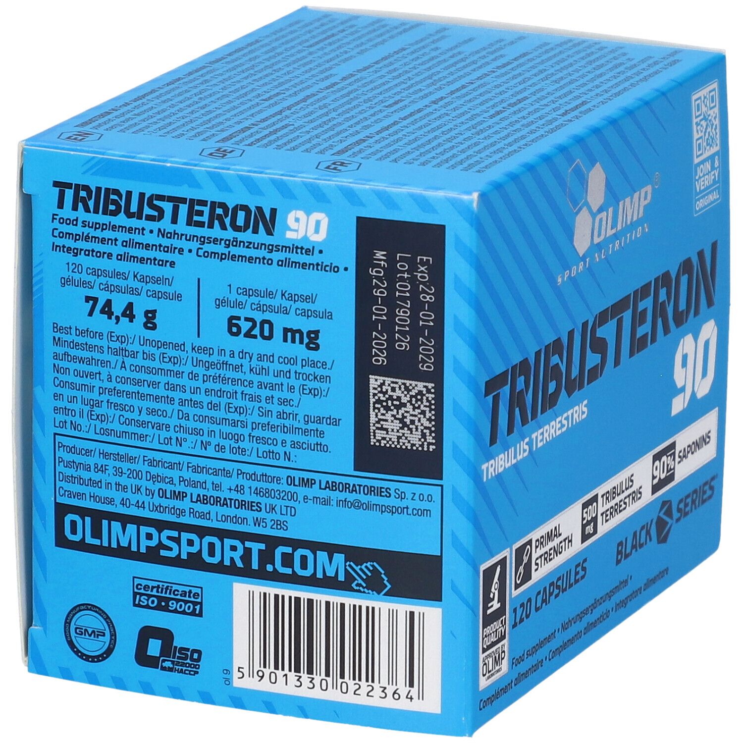 Retro della confezione di capsule Olimp Tribusteron 90 con informazioni sul prodotto e certificazioni.
