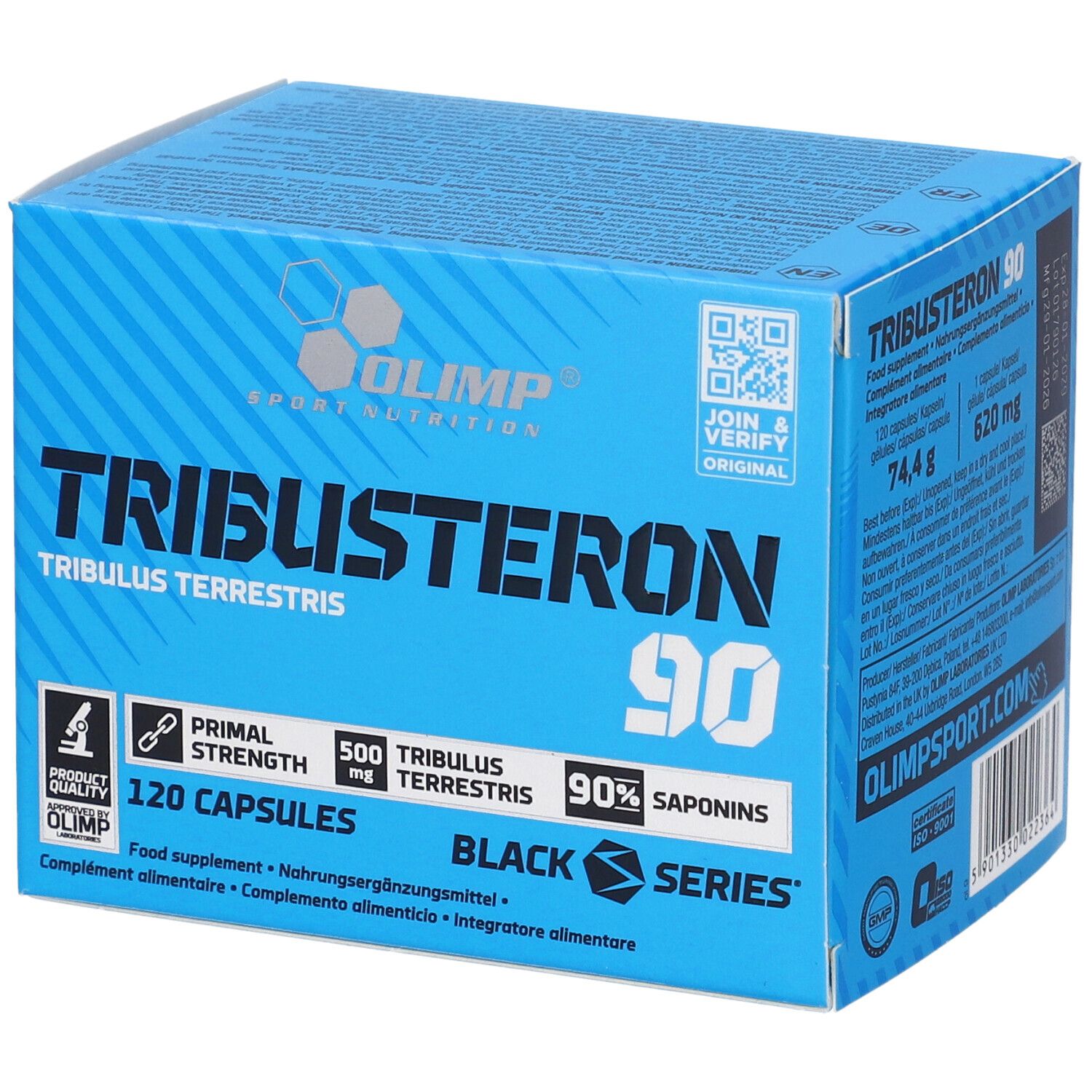 Confezione di capsule Olimp Tribusteron 90, lato frontale con nome del prodotto e numero di capsule.