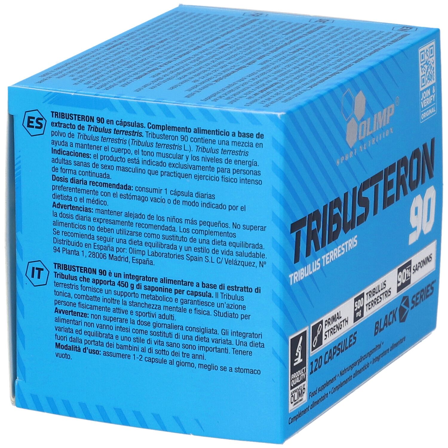 Vista laterale della confezione di capsule Olimp Tribusteron 90 con informazioni prodotto multilingue.