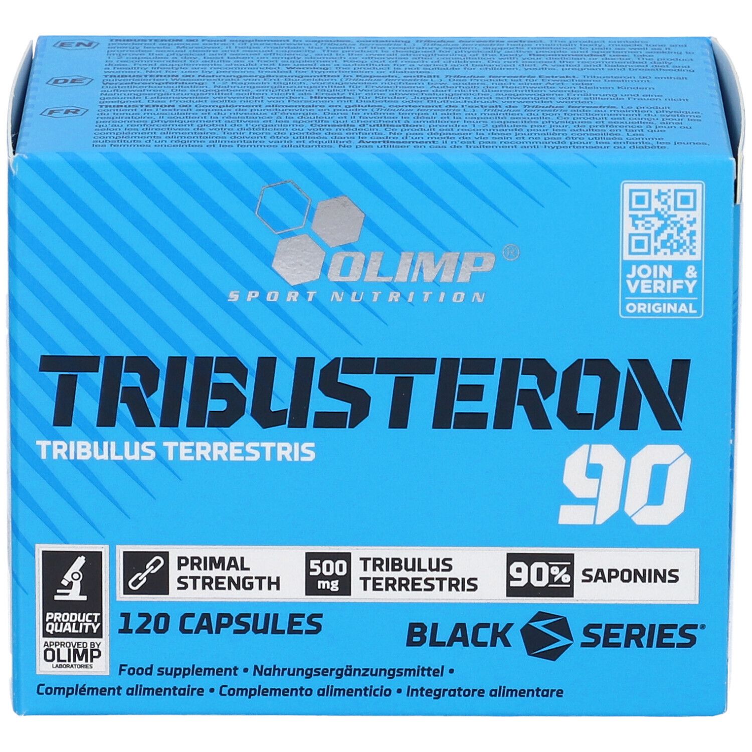 Fronte della confezione Olimp Tribusteron 90. Contiene dettagli su ingredienti e numero di capsule.