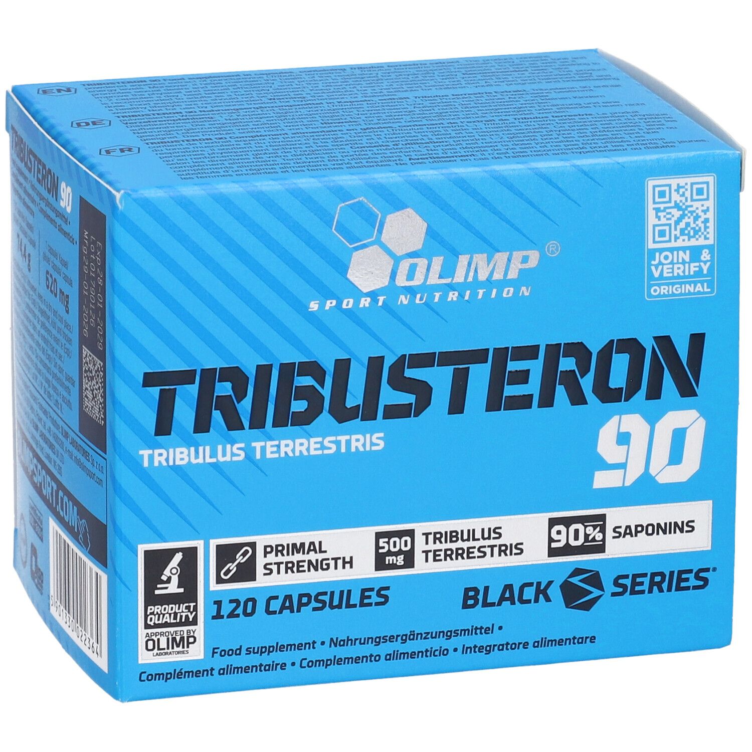 Confezione di capsule Olimp Tribusteron 90, lato frontale con dettagli su ingredienti e numero di capsule.