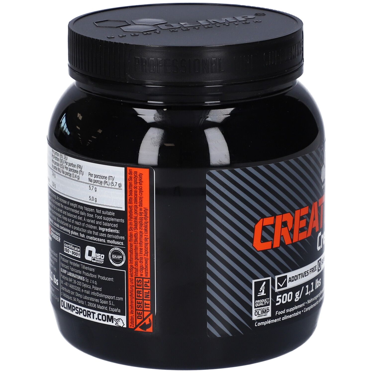 Retro di un contenitore nero con polvere di creatina monoidrato Olimp Sport Nutrition, 500g.