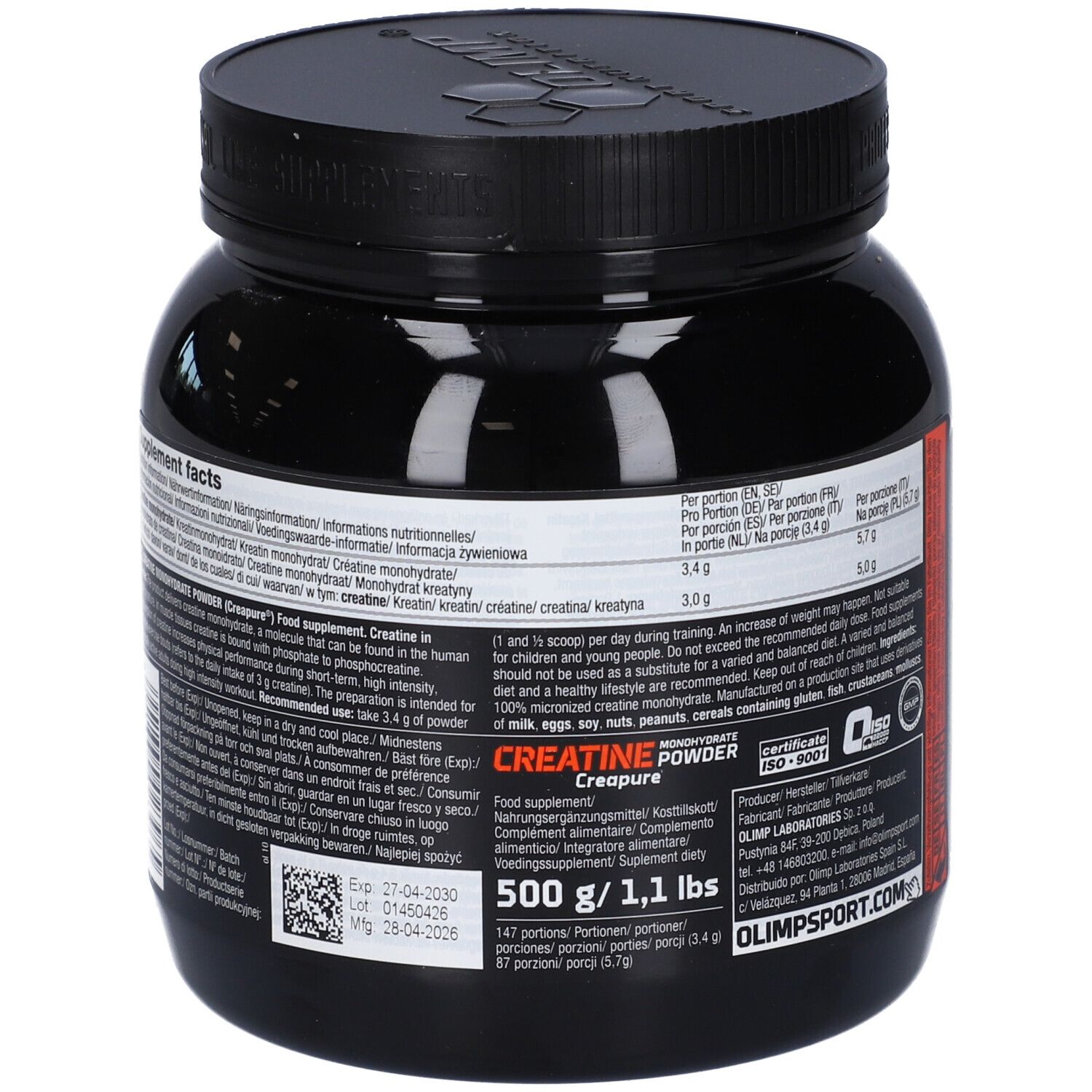 Retro di un contenitore nero con polvere di creatina monoidrato Olimp Sport Nutrition, 500g.