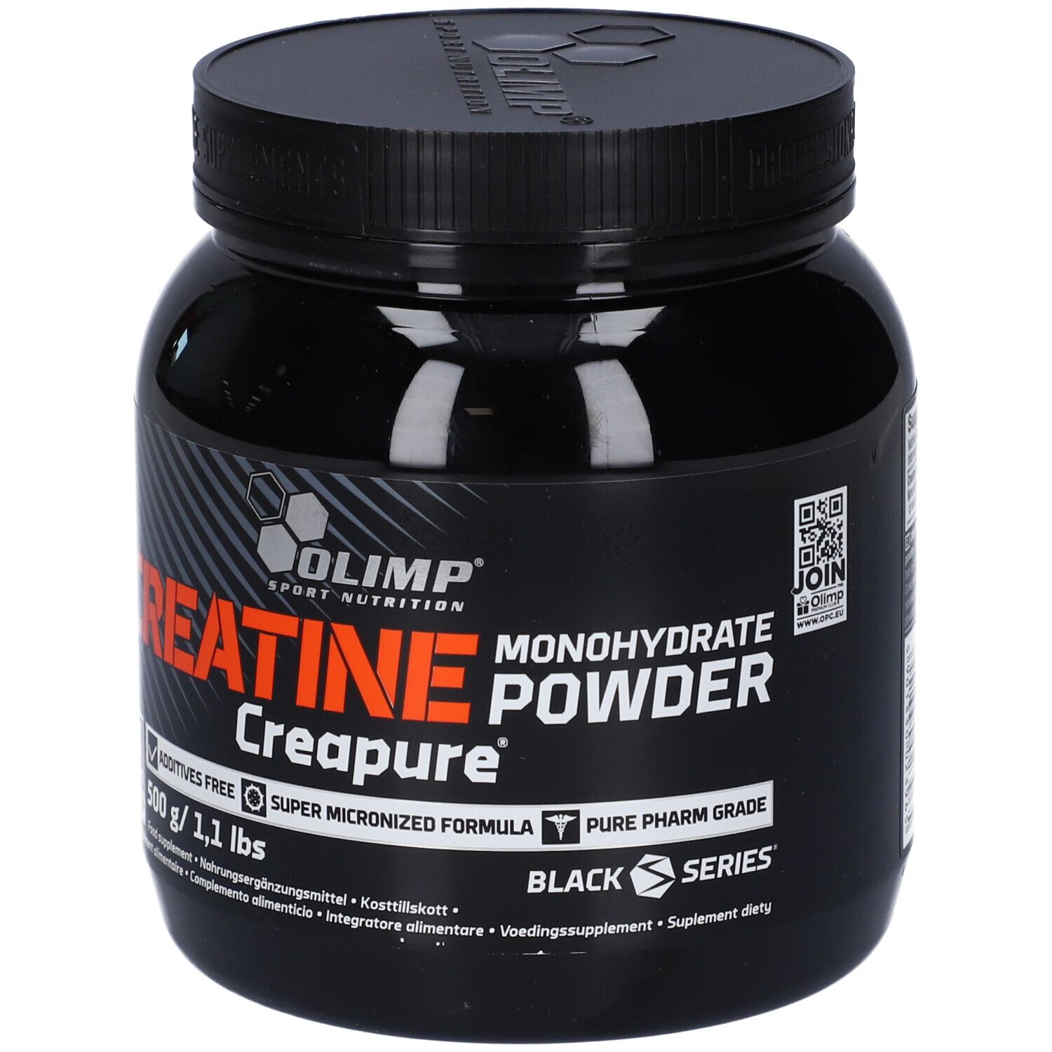 Contenitore nero con polvere di creatina monoidrato Olimp Sport Nutrition, 500g.