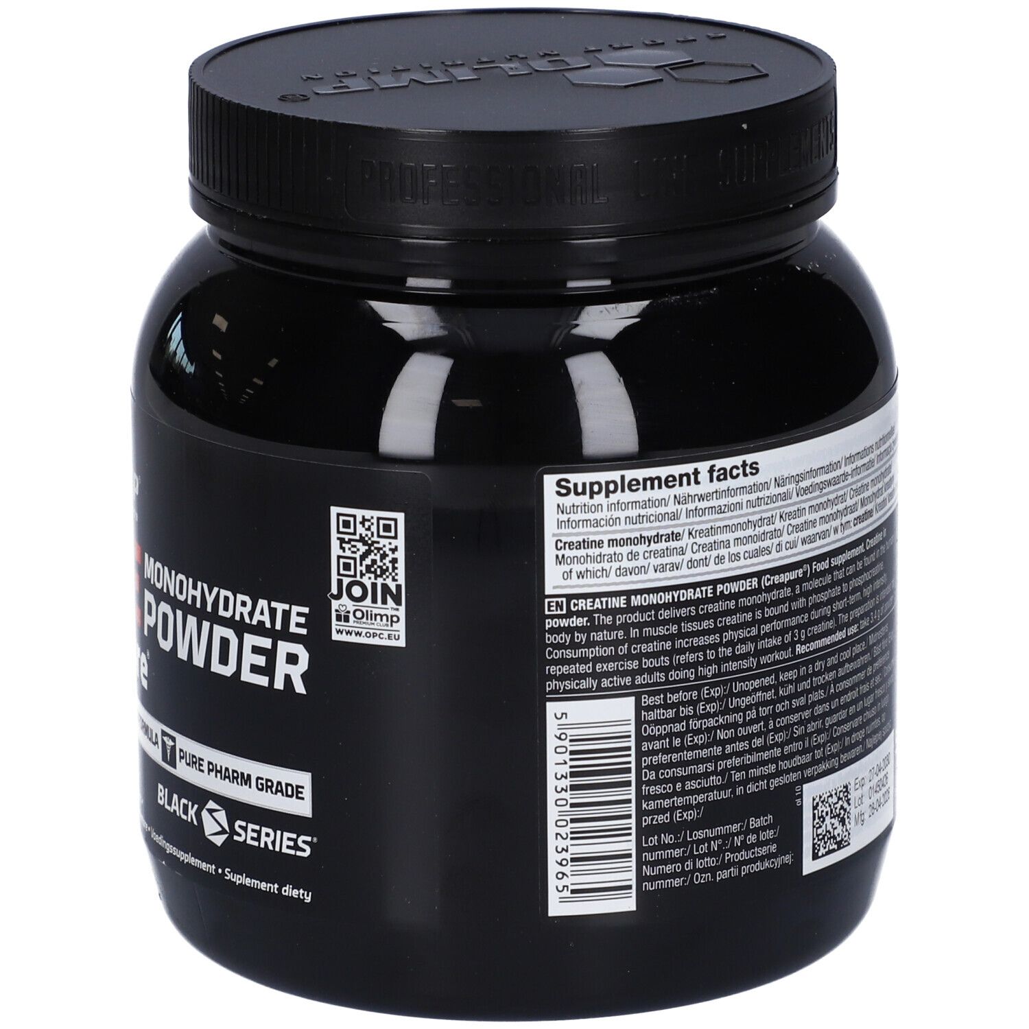Retro di un contenitore nero con polvere di creatina monoidrato Olimp Sport Nutrition, 500g.