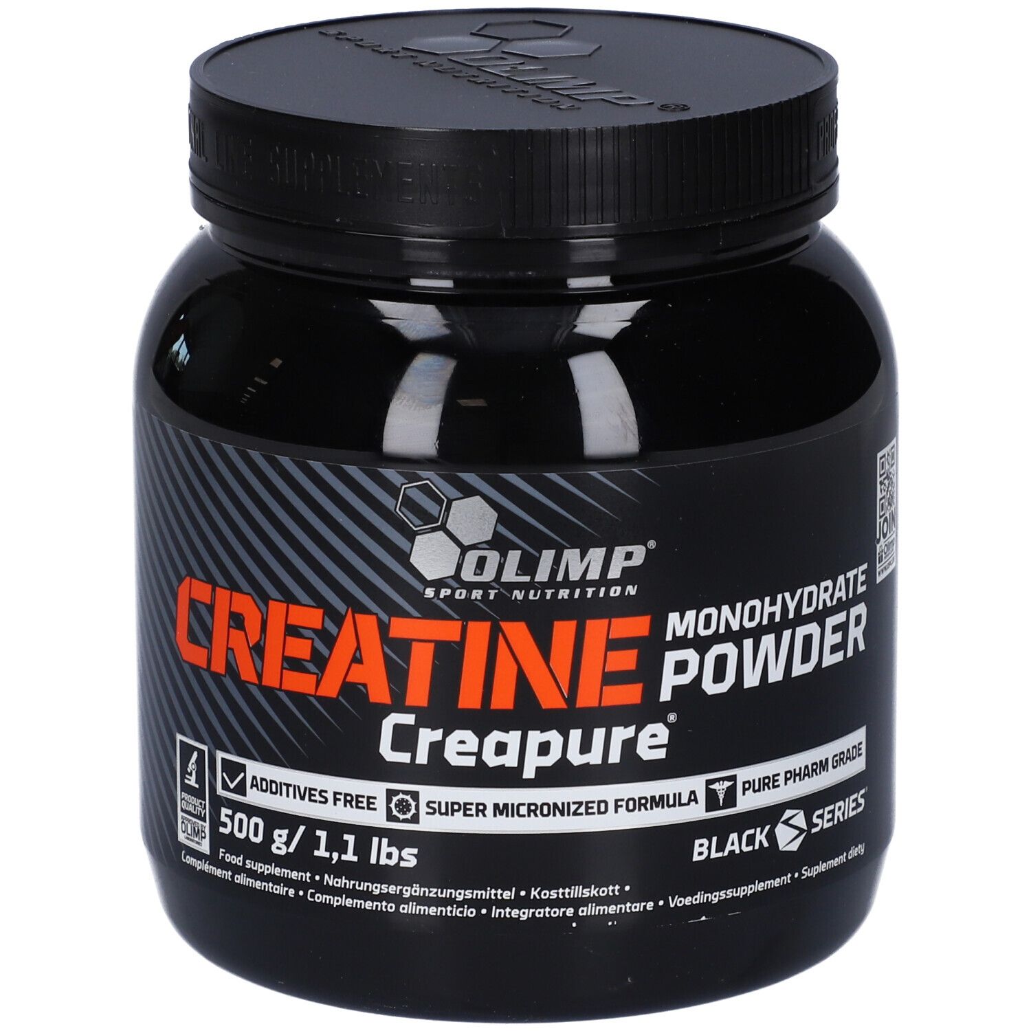 Contenitore nero con polvere di creatina monoidrato Olimp Sport Nutrition, 500g.