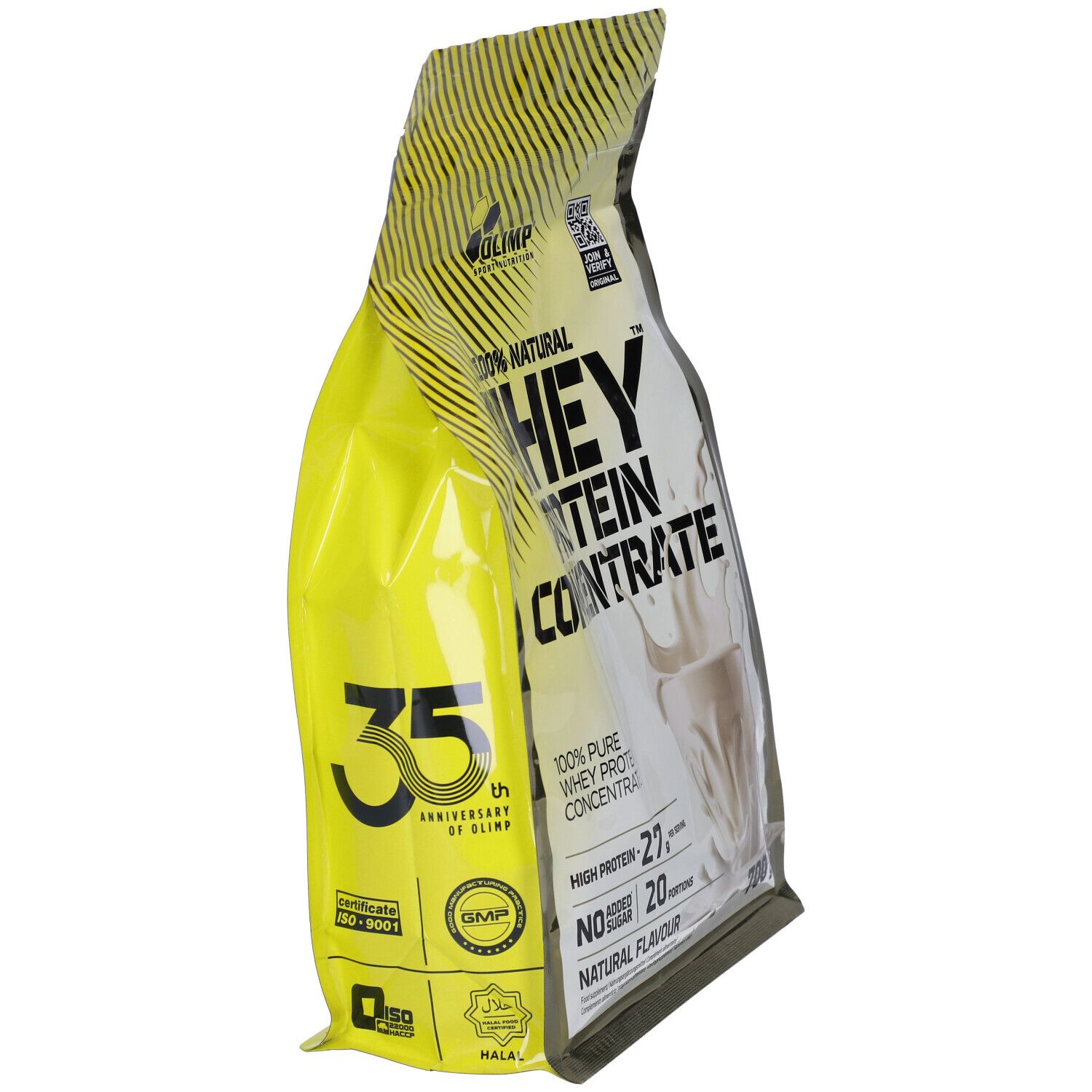 Confezione gialla con Olimp Whey Protein Concentrate, 700g. Contiene 27g di proteine per porzione.