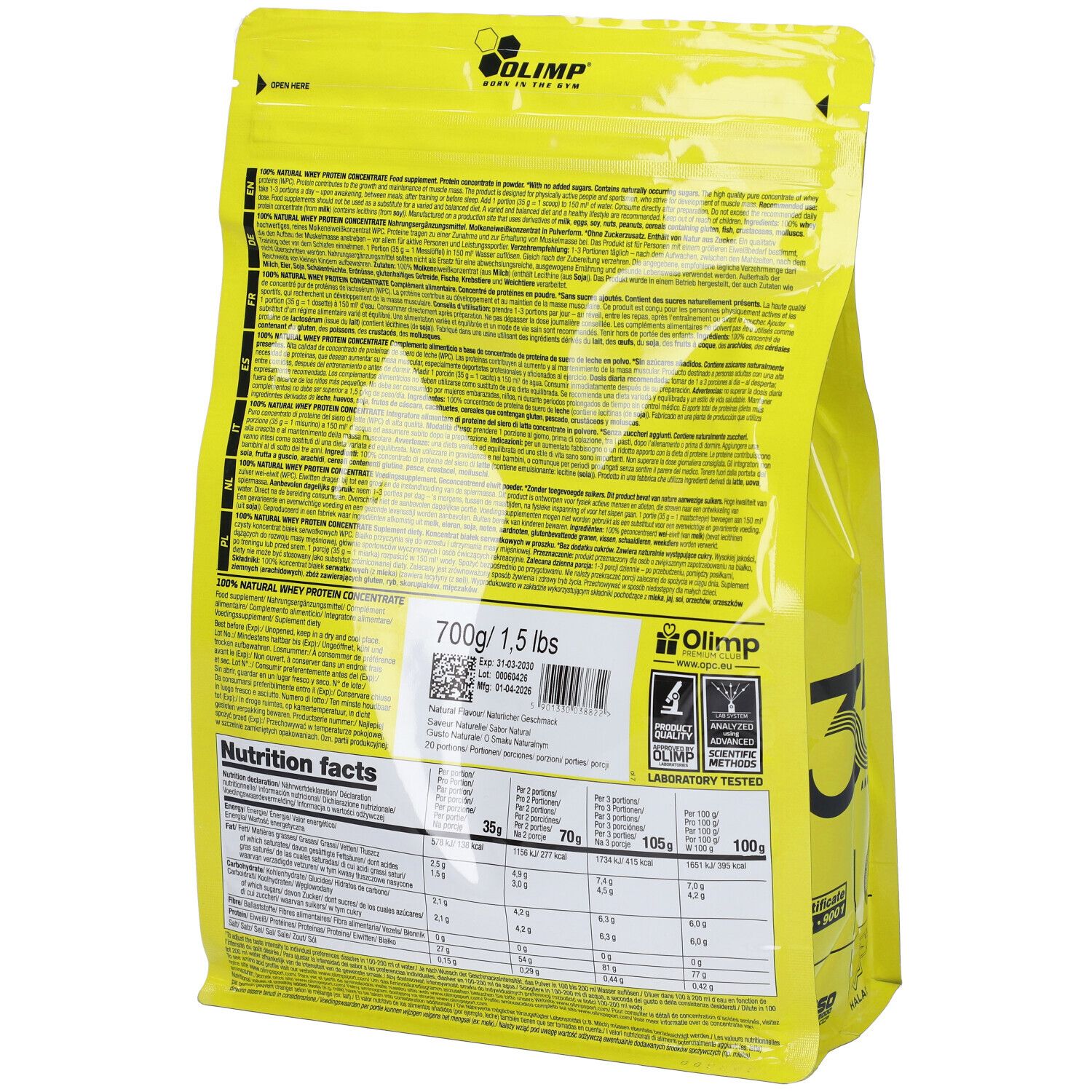 Retro della confezione gialla Olimp Whey Protein Concentrate, 700g/1.5 lbs. Contiene informazioni nutrizionali.