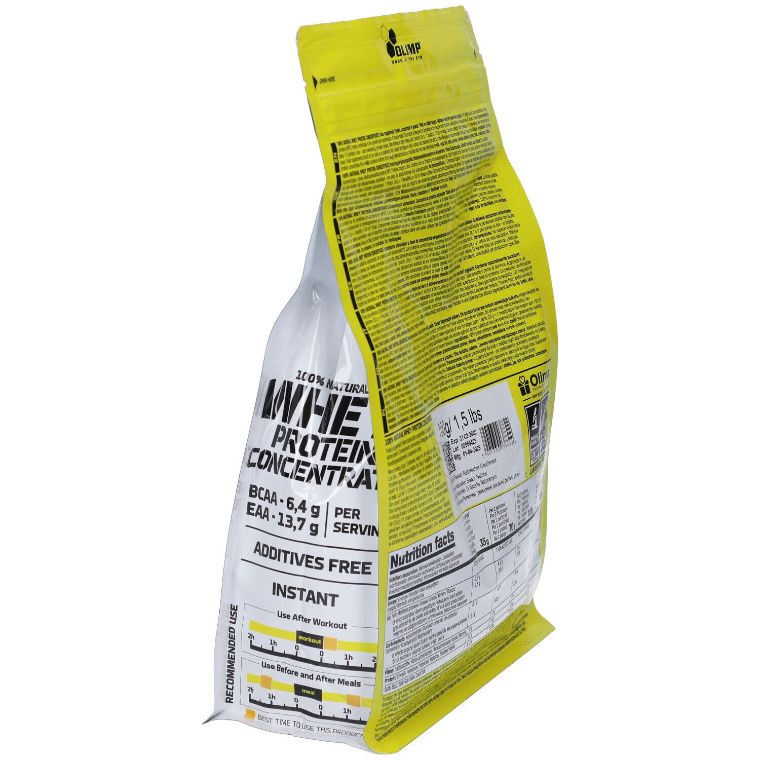 Lato della confezione gialla Olimp Whey Protein Concentrate, 700g. Senza additivi, Istantaneo.