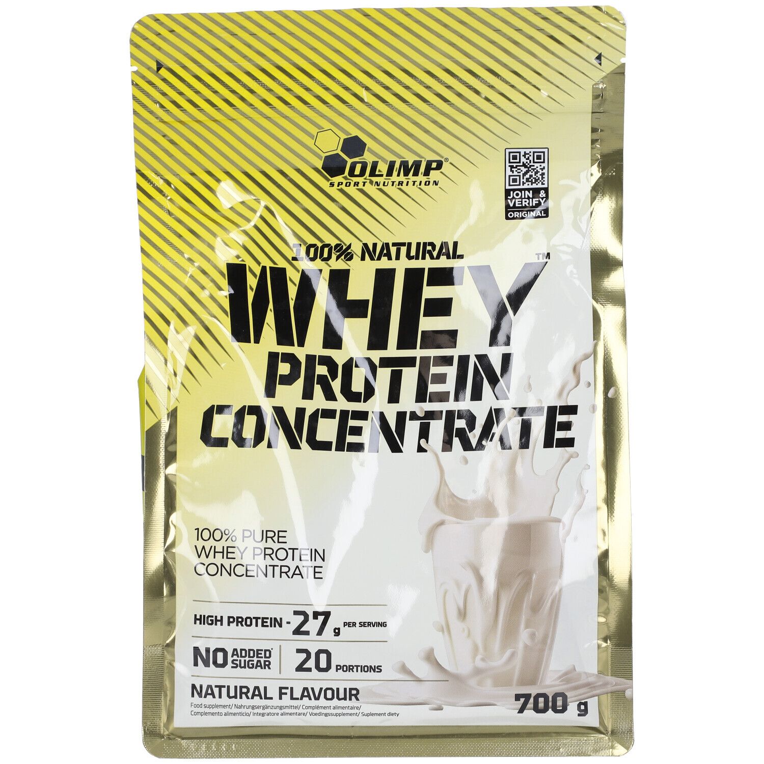 Fronte della confezione gialla Olimp Whey Protein Concentrate, 700g. Con 27g di proteine, senza zuccheri.