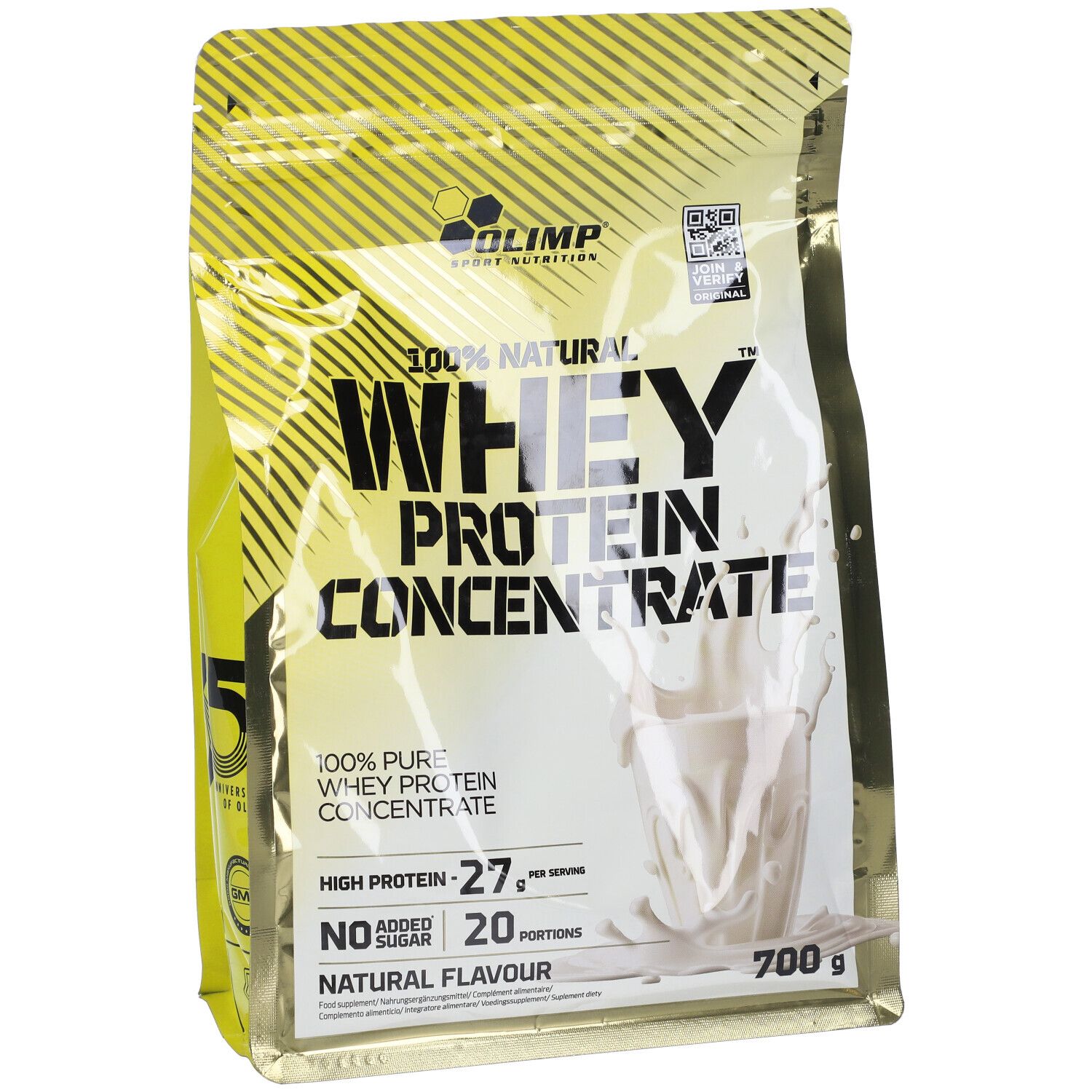 Fronte della confezione gialla Olimp Whey Protein Concentrate, 700g. Con 27g di proteine, senza zuccheri.