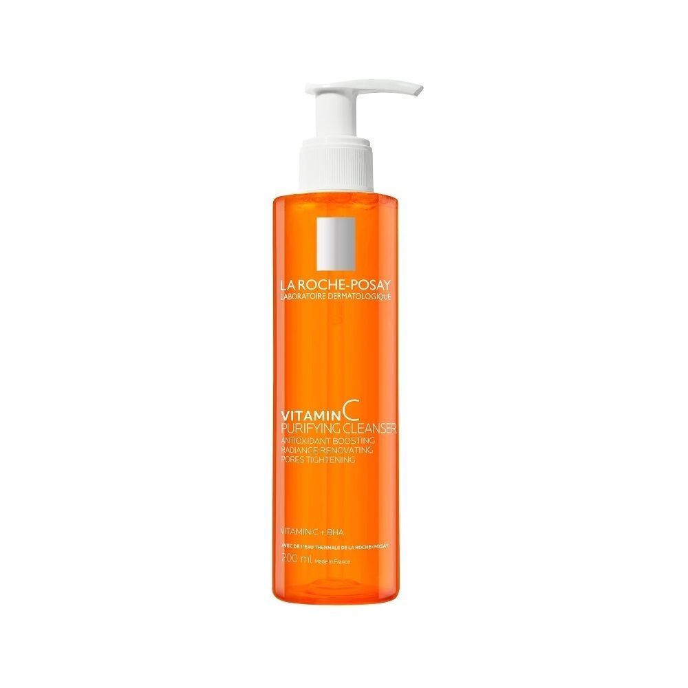 Flacone arancione con dosatore bianco. Scritta: Vitamin C Purifying Cleanser. Marchio: La Roche-Posay.