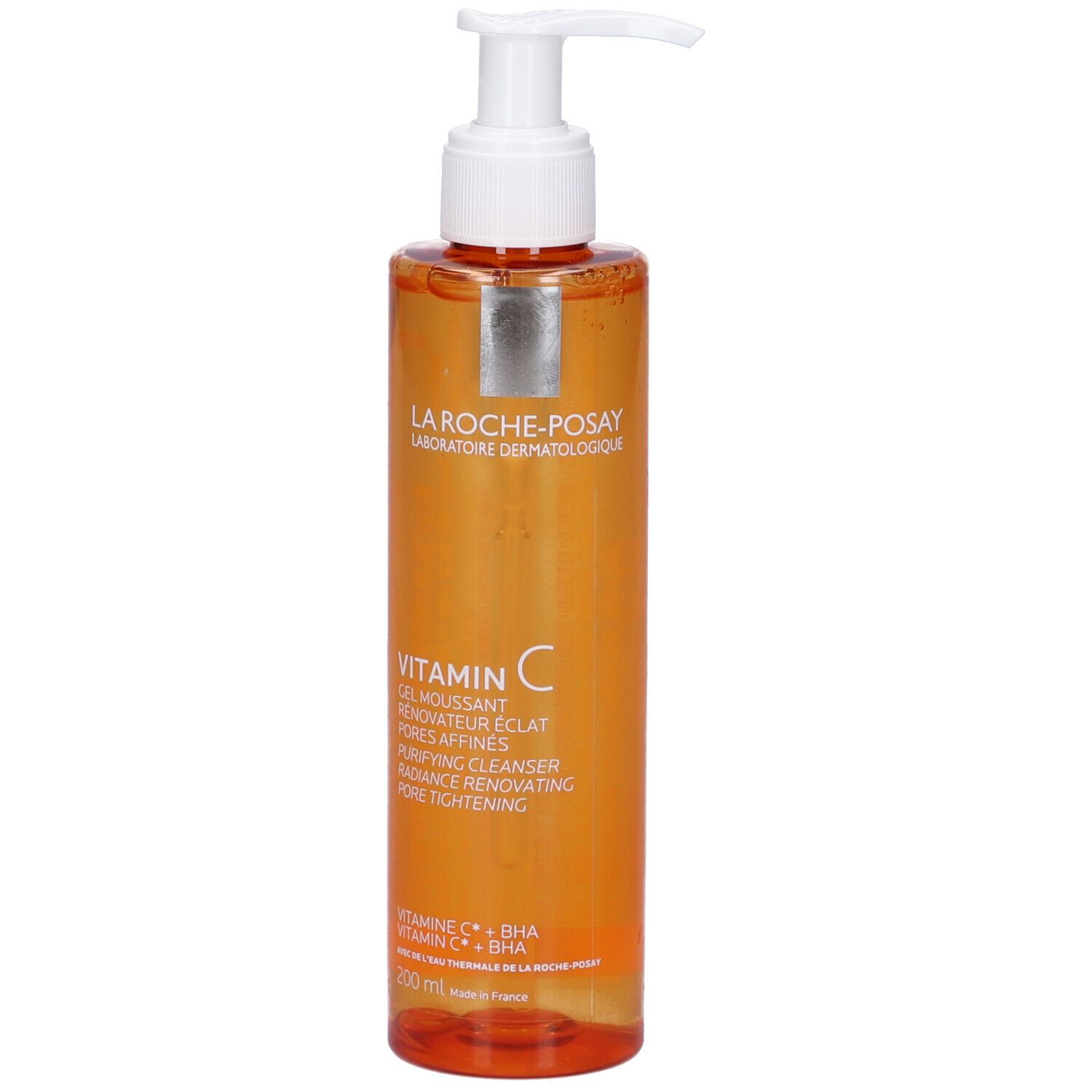 Flacone arancione con dosatore bianco. Scritta: Vitamin C Gel Moussant. Marchio: La Roche-Posay.
