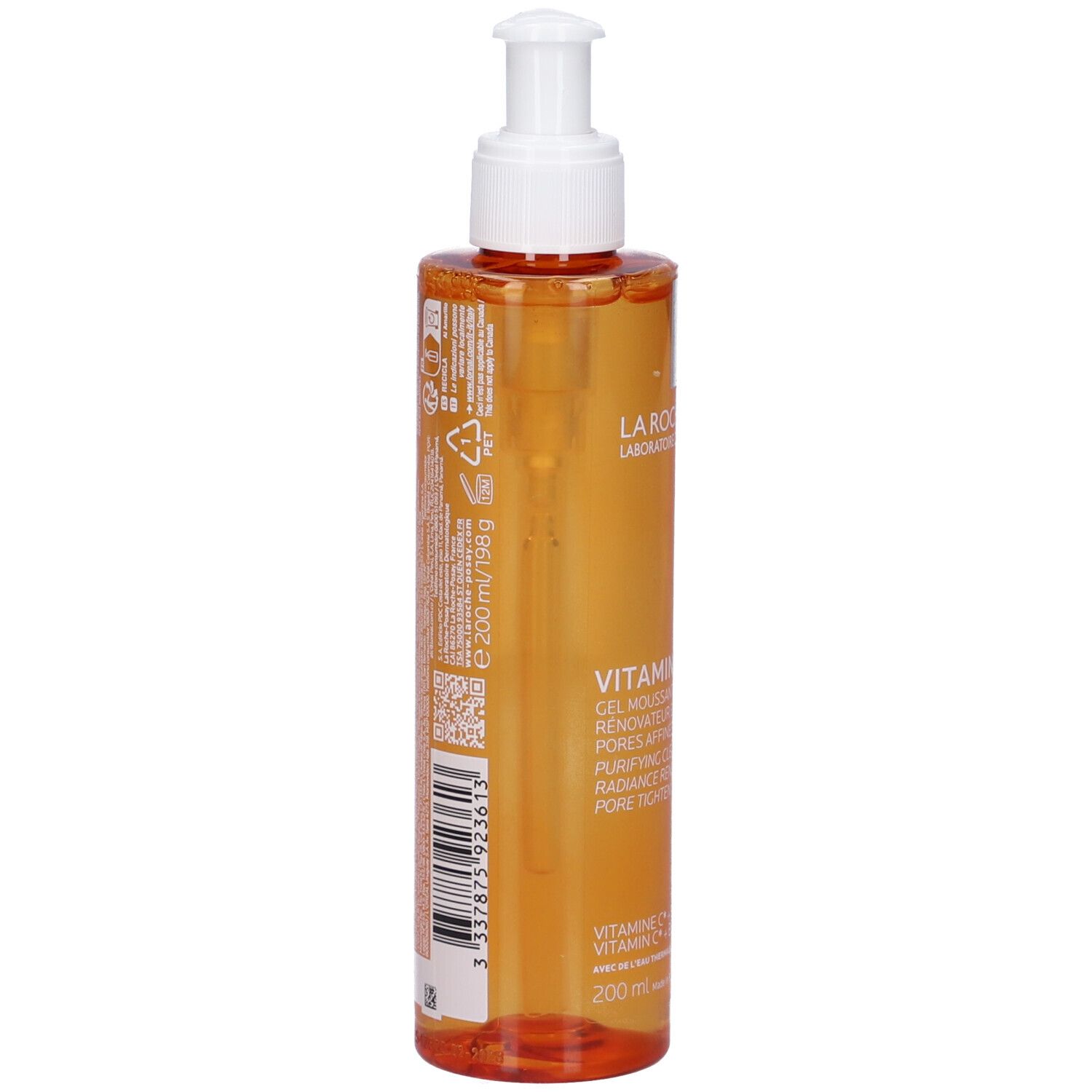Retro del flacone arancione con dosatore bianco. Testo e codice a barre. Marchio: La Roche-Posay.