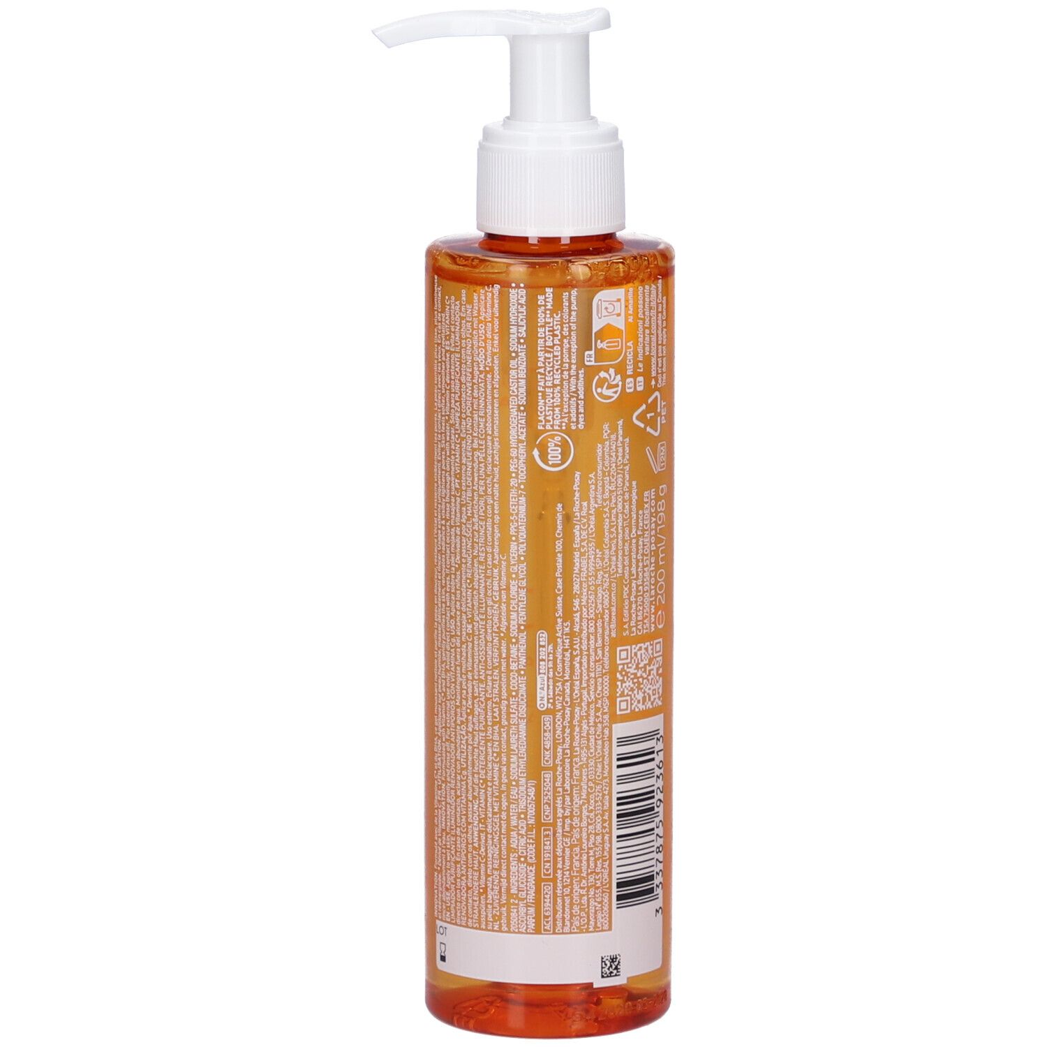 Retro del flacone arancione con dosatore bianco. Testo e codice a barre. Marchio: La Roche-Posay.